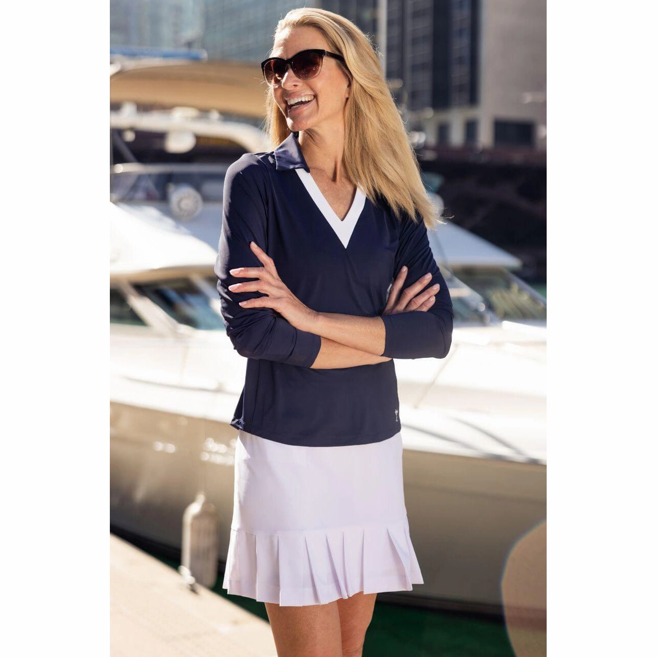 Office Attire Golftini Women's Say Yes Long Sleeve Golf Polo Shirt - Navy/White