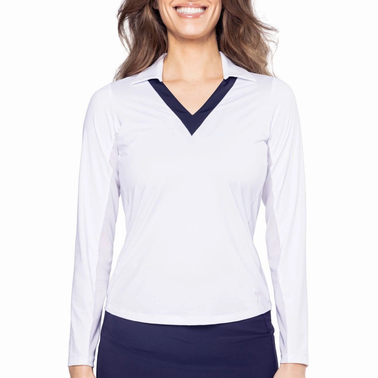 Collar Stay Slots Non Iron Finish Golftini Women's Say Yes Long Sleeve Golf Polo Shirt - White/Navy
