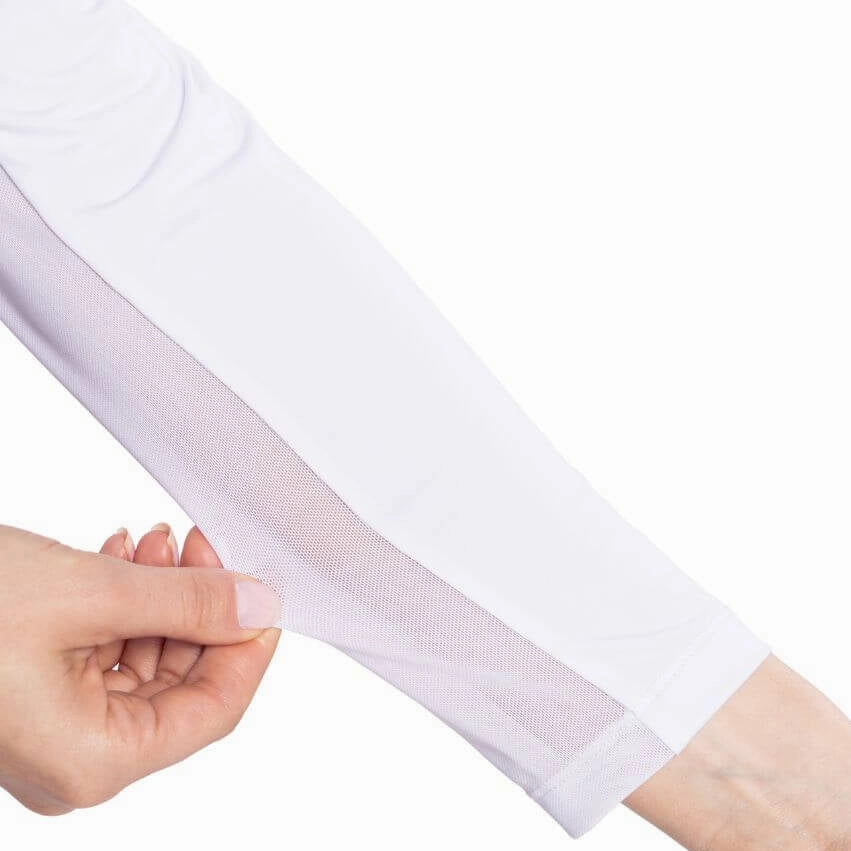 Button-Down Collar Breathable Weave Golftini Women's Say Yes Long Sleeve Golf Polo Shirt - White/Navy