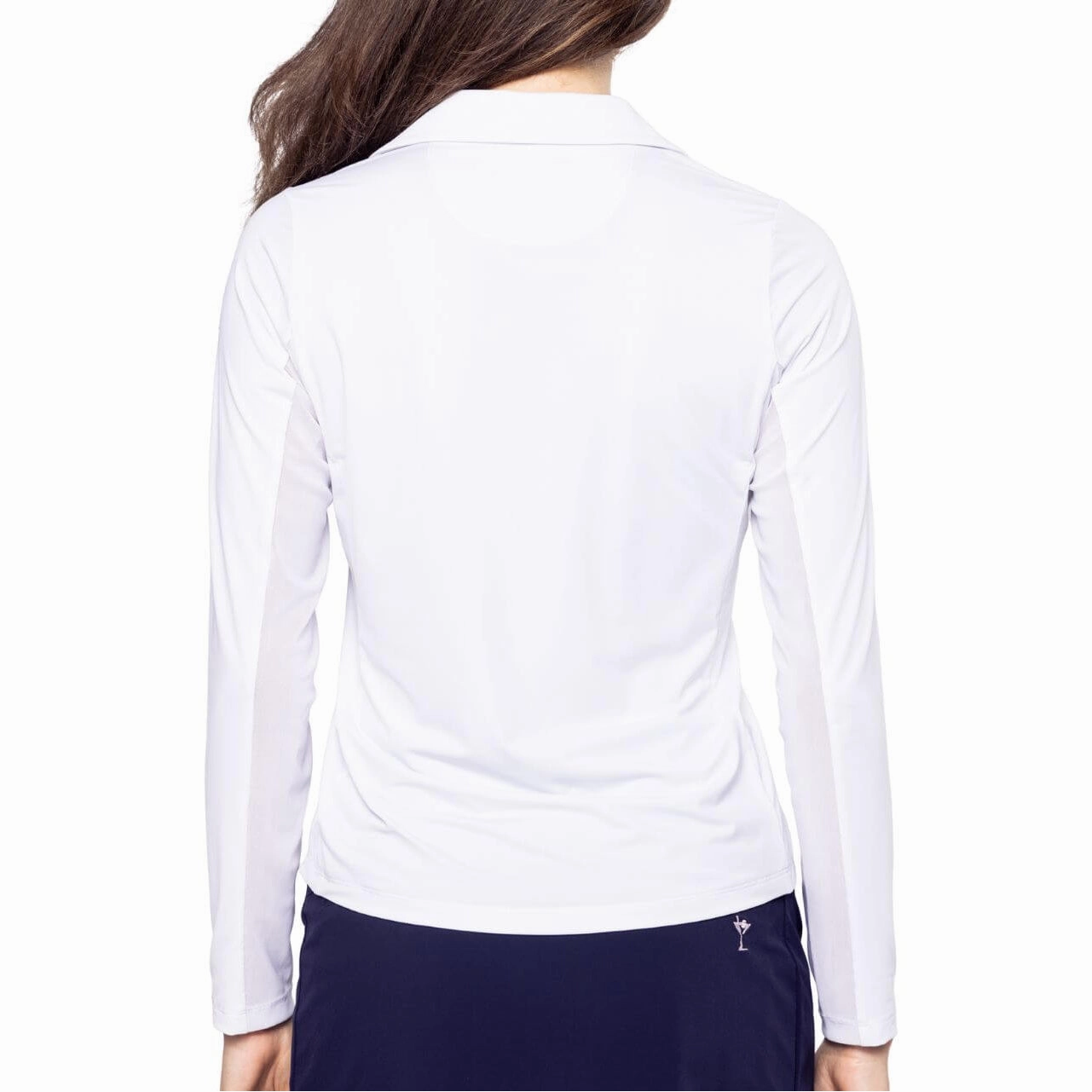 Golftini Women's Say Yes Long Sleeve Golf Polo Shirt - White/Navy Brushed Interior Bound Seam Finish