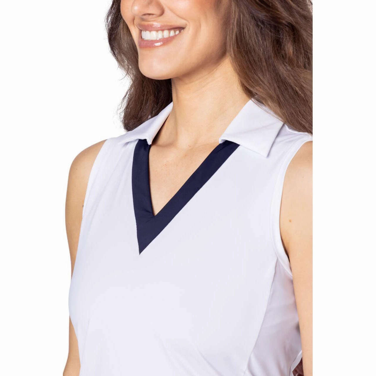 Golftini Women's Say Yes Sleeveless Golf Polo Shirt - White/Navy Business casual