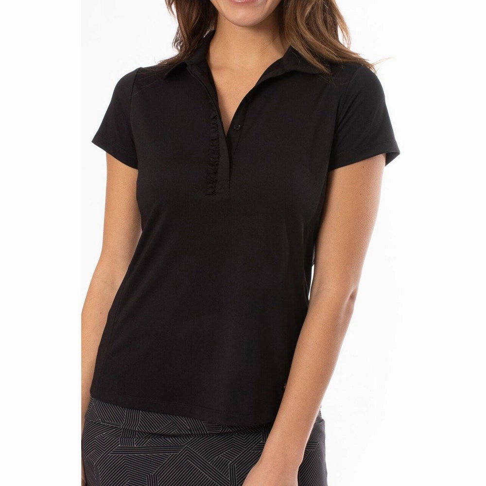 Weekend Casual Office Attire Golftini Women's Short Sleeve Ruffle Golf Polo Shirt - Black