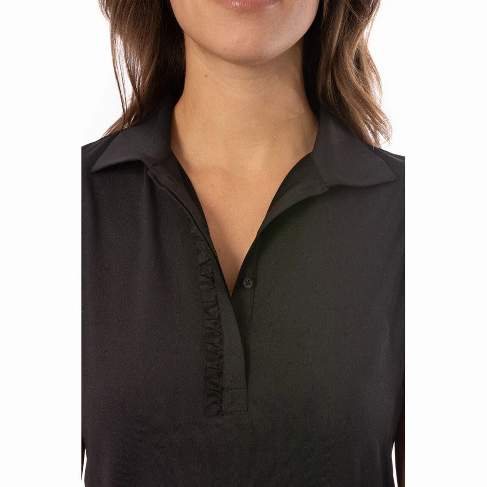 ZeroIrritation Seams Soft Jersey Fabric Golftini Women's Short Sleeve Ruffle Golf Polo Shirt - Black
