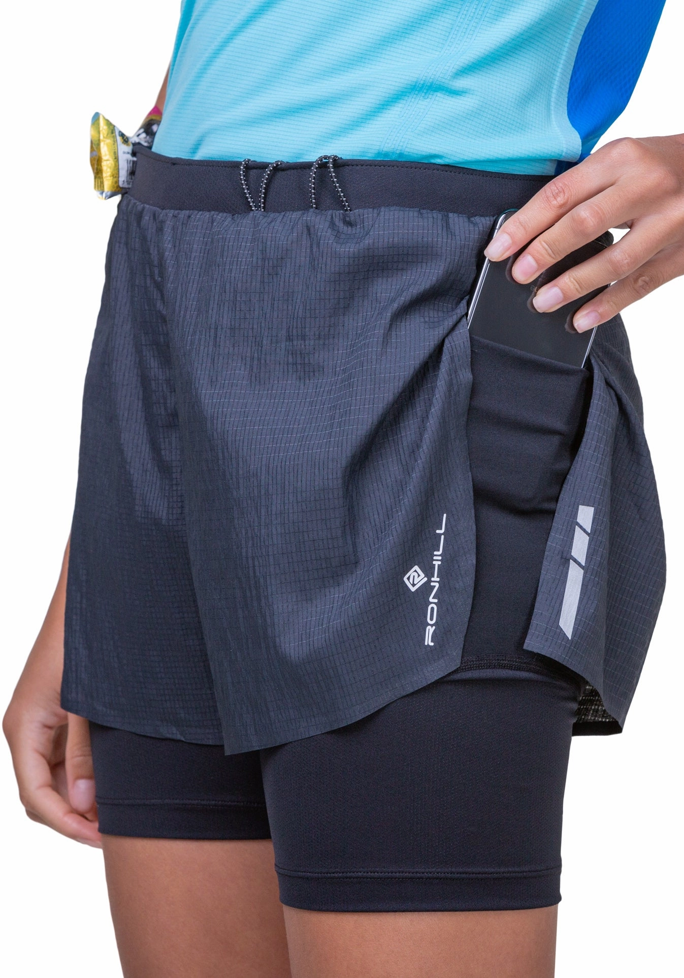 Ronhill Tech Race Twin 2 In 1 Womens Running Shorts - Black t shirt