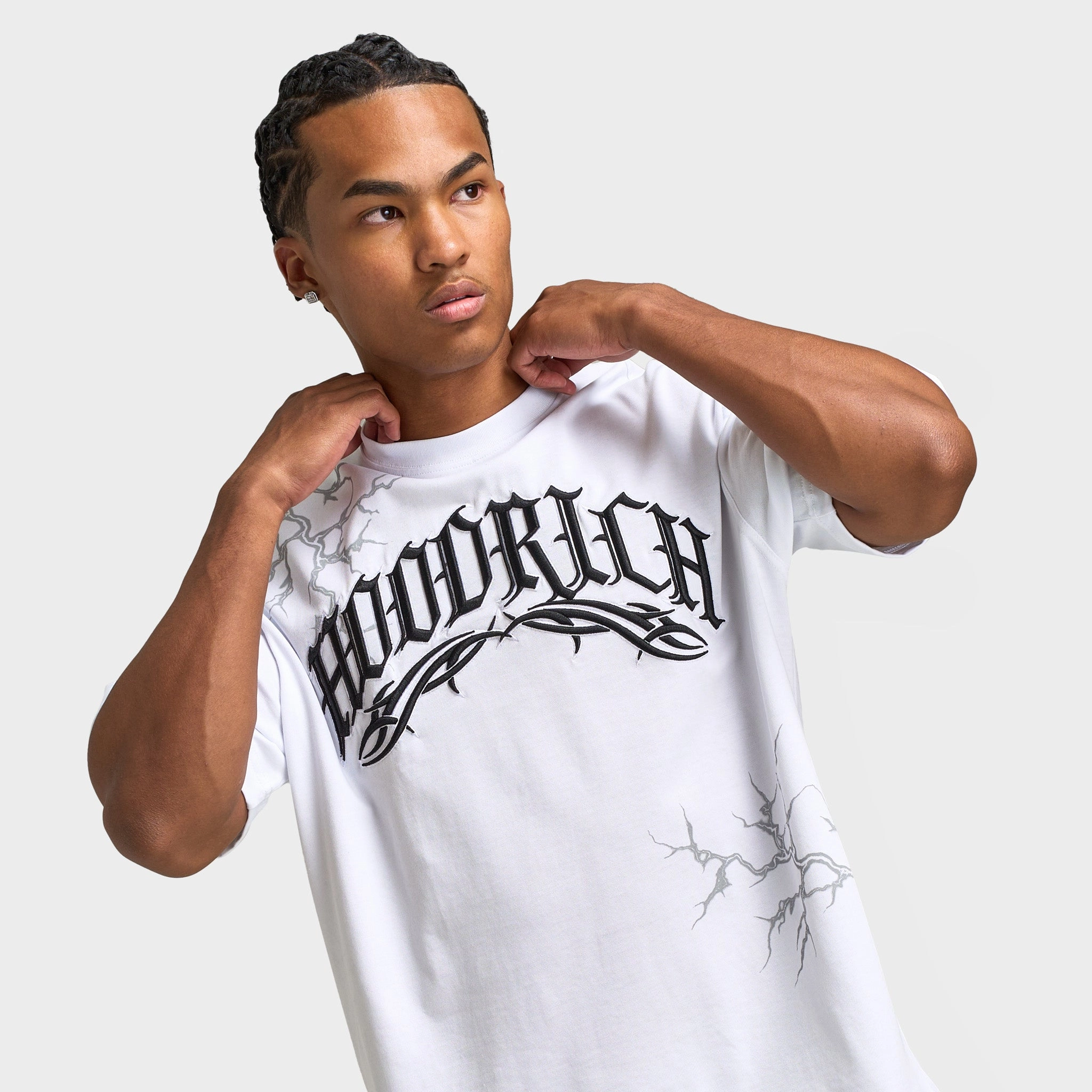 Chic Active Multi Panel Construction Hoodrich Dark Oversized Graphic T-shirt / White