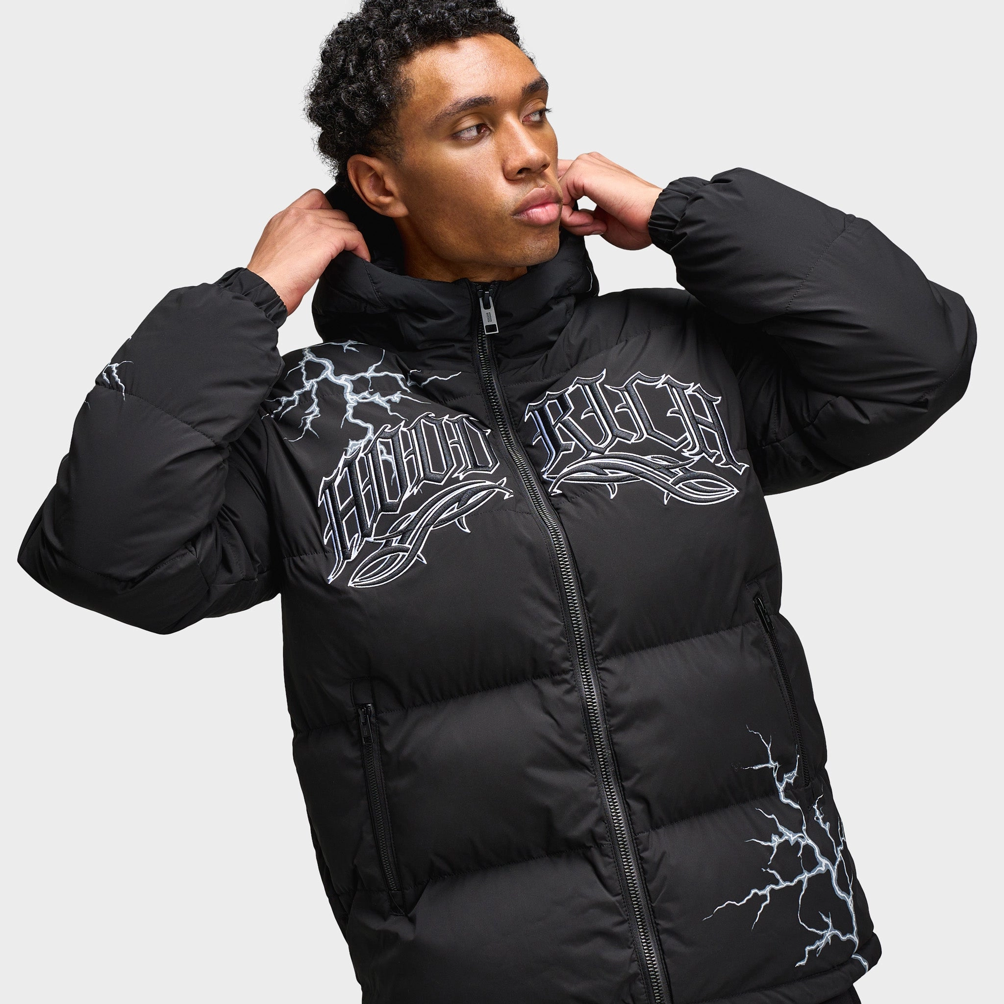 Hoodrich Dark Puffer Jacket Black / White Layered Neckline MultiPocket Configuration
