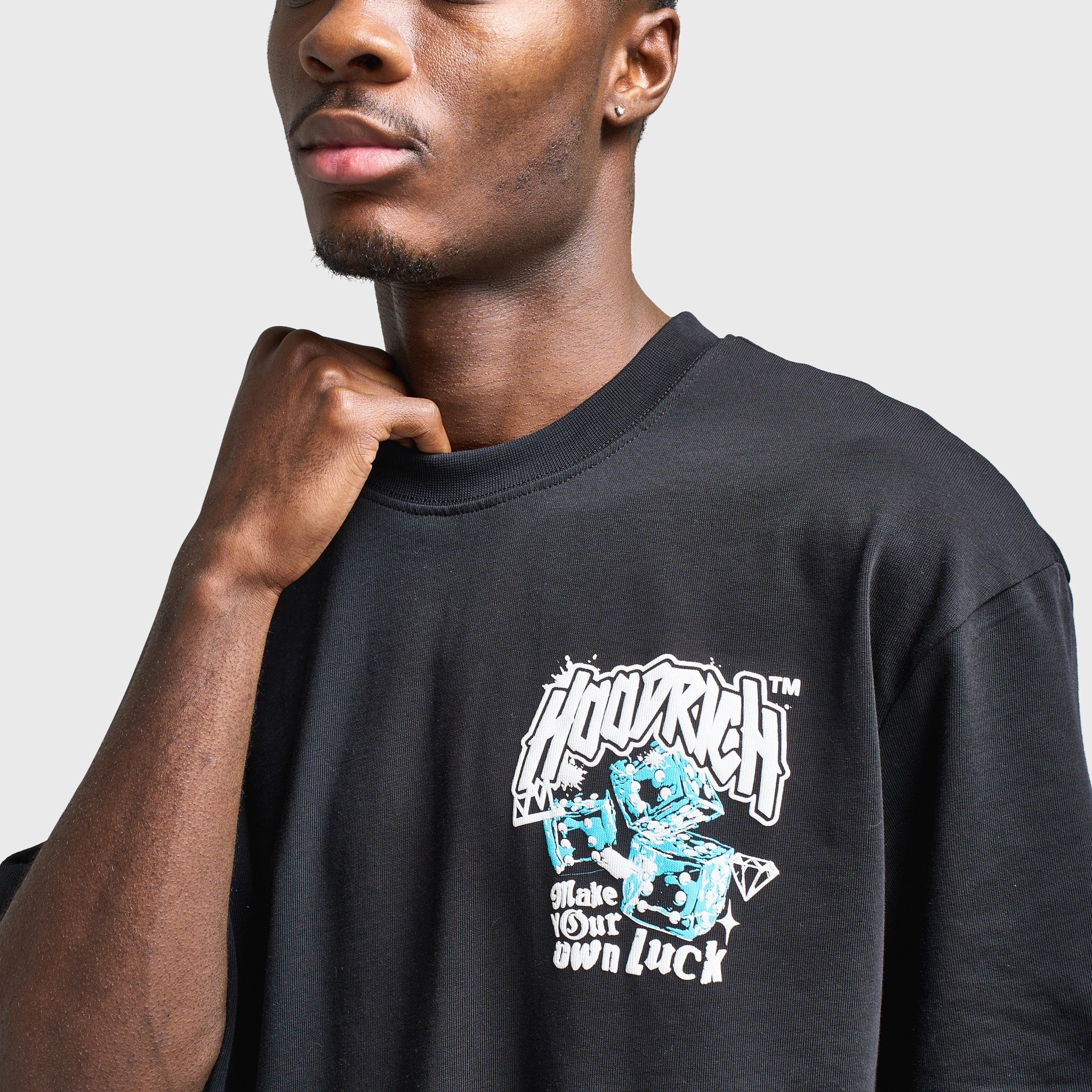 Double Stitched Hems Multi Directional Stretch Hoodrich Fortune Oversized Graphic T-Shirt / Black
