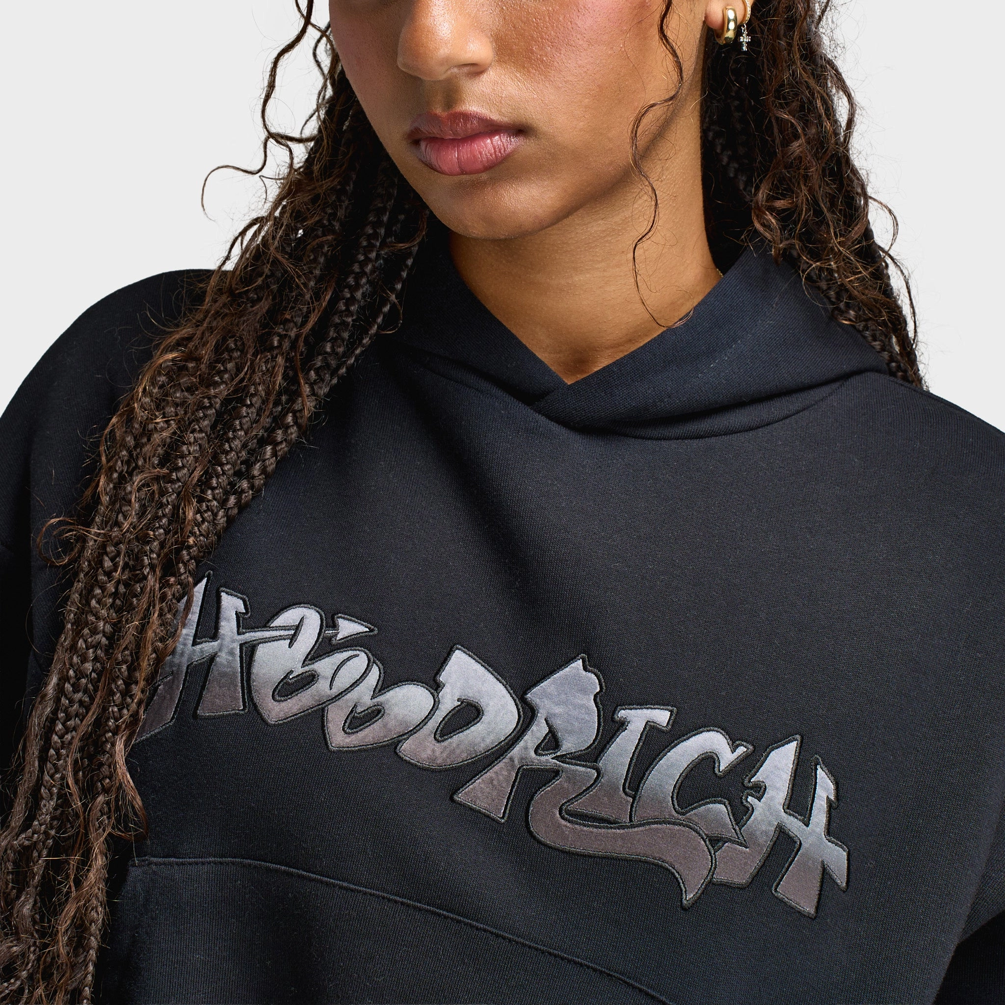 Hoodrich Women's Boxy Hoodie With Satin Applique Black / Black Satin ExpandableSideGussets