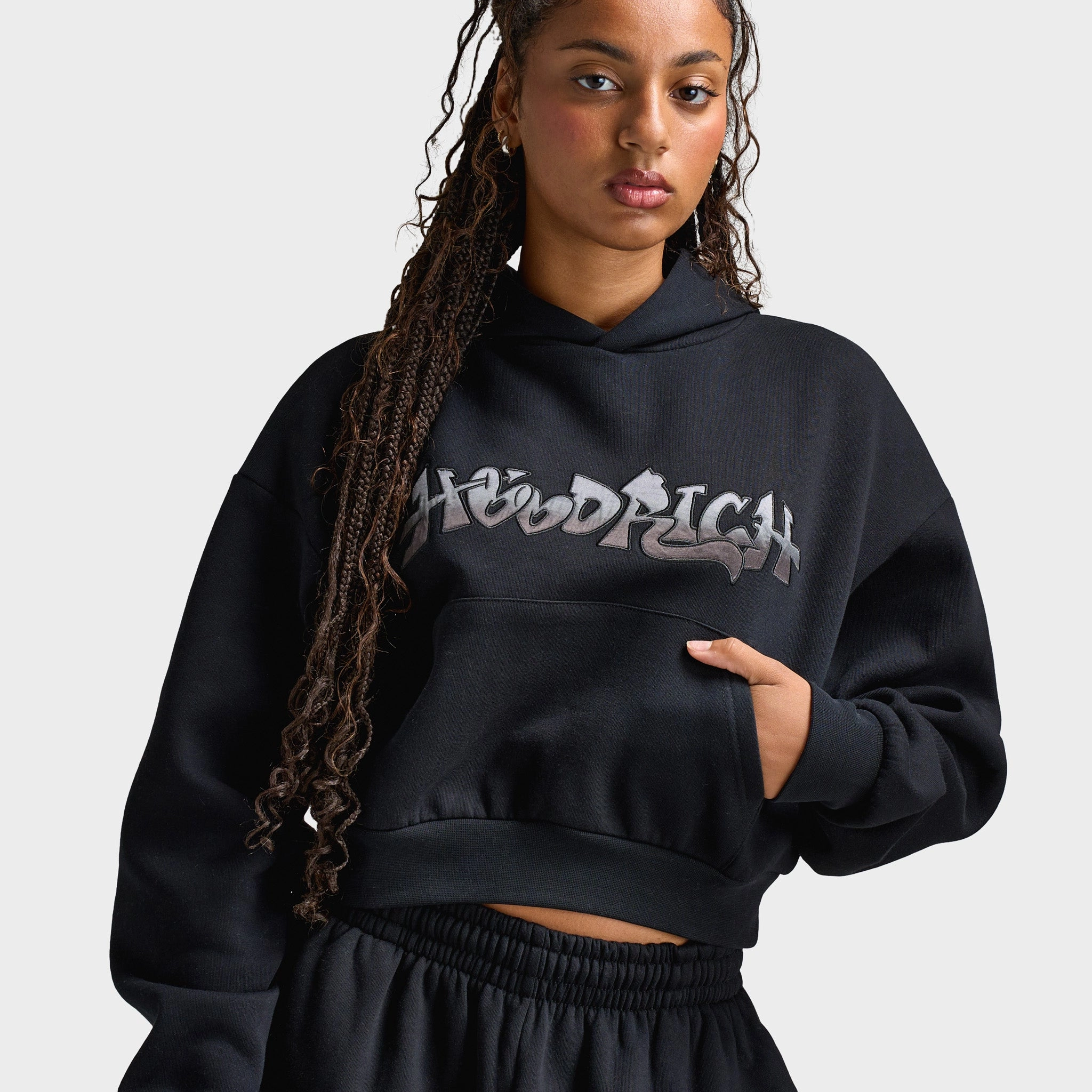 Hoodrich Women's Boxy Hoodie With Satin Applique Black / Black Satin Three Layer Laminate Practical Everyday Fit