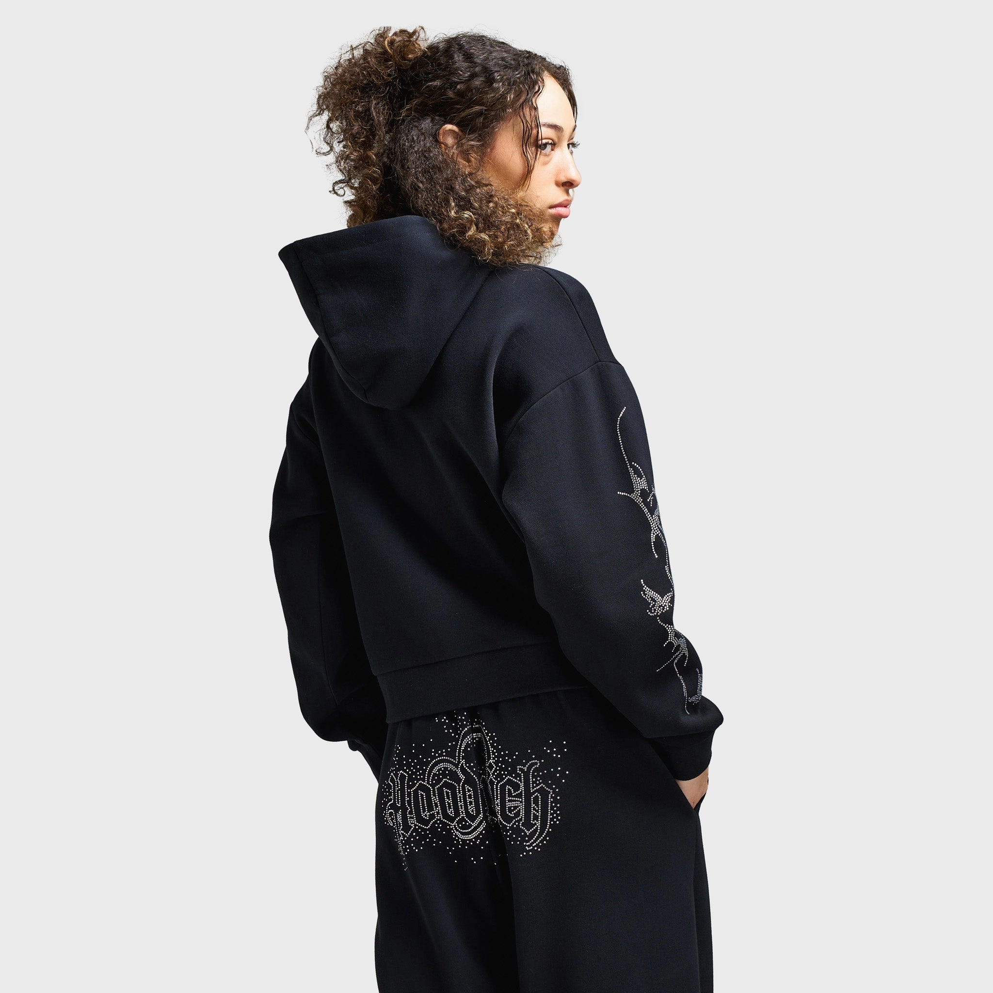 Hoodrich Women's Diffuse Mid Length Zip Hoodie Black / Silver Rhinestones DurableStitching