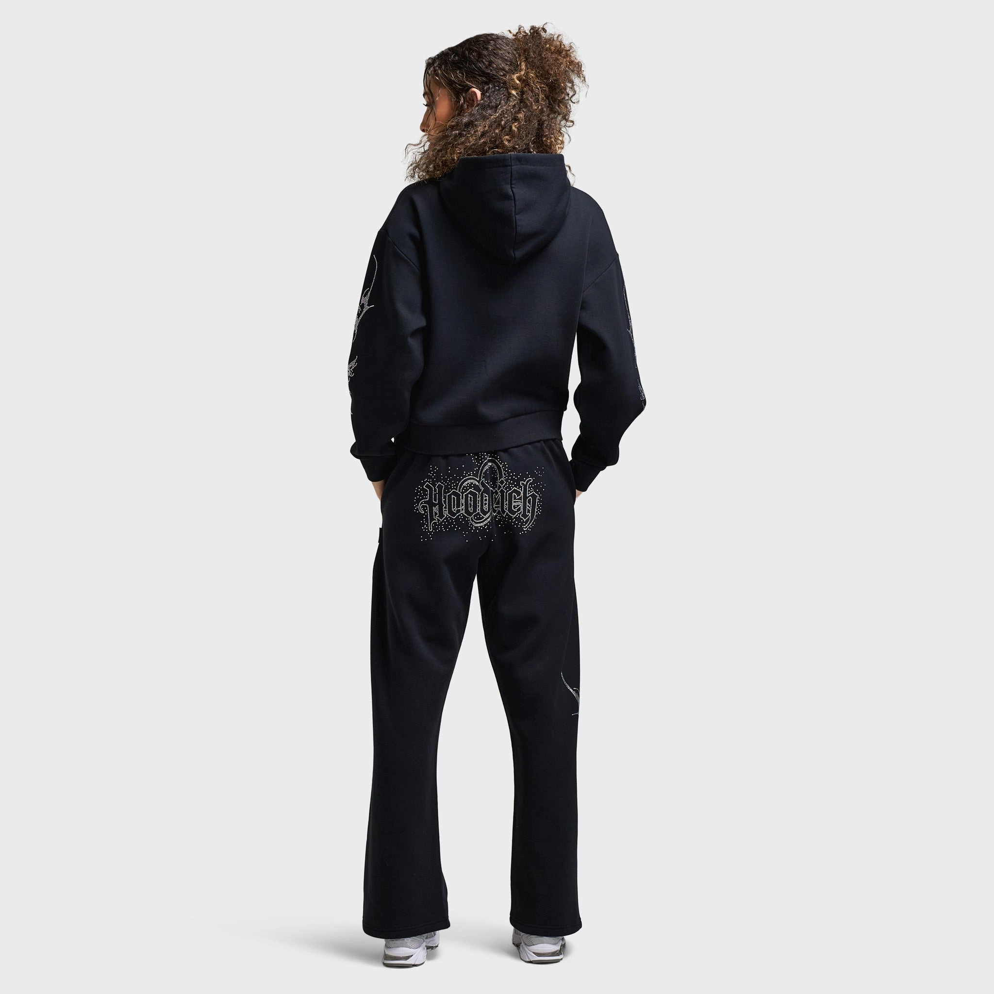 Street Comfort Hoodrich Women's Diffuse Mid Length Zip Hoodie Black / Silver Rhinestones