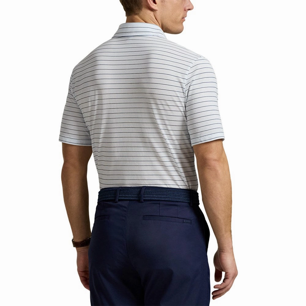 Seamless Side Panels Effortless Look RLX Ralph Lauren Stripe Tour Pique Golf Polo Shirt - Office Blue Multi