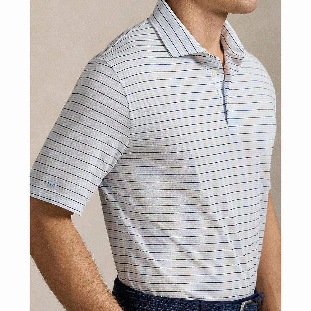 Lightweight Knit Material Barrel Cuff Design RLX Ralph Lauren Stripe Tour Pique Golf Polo Shirt - Office Blue Multi