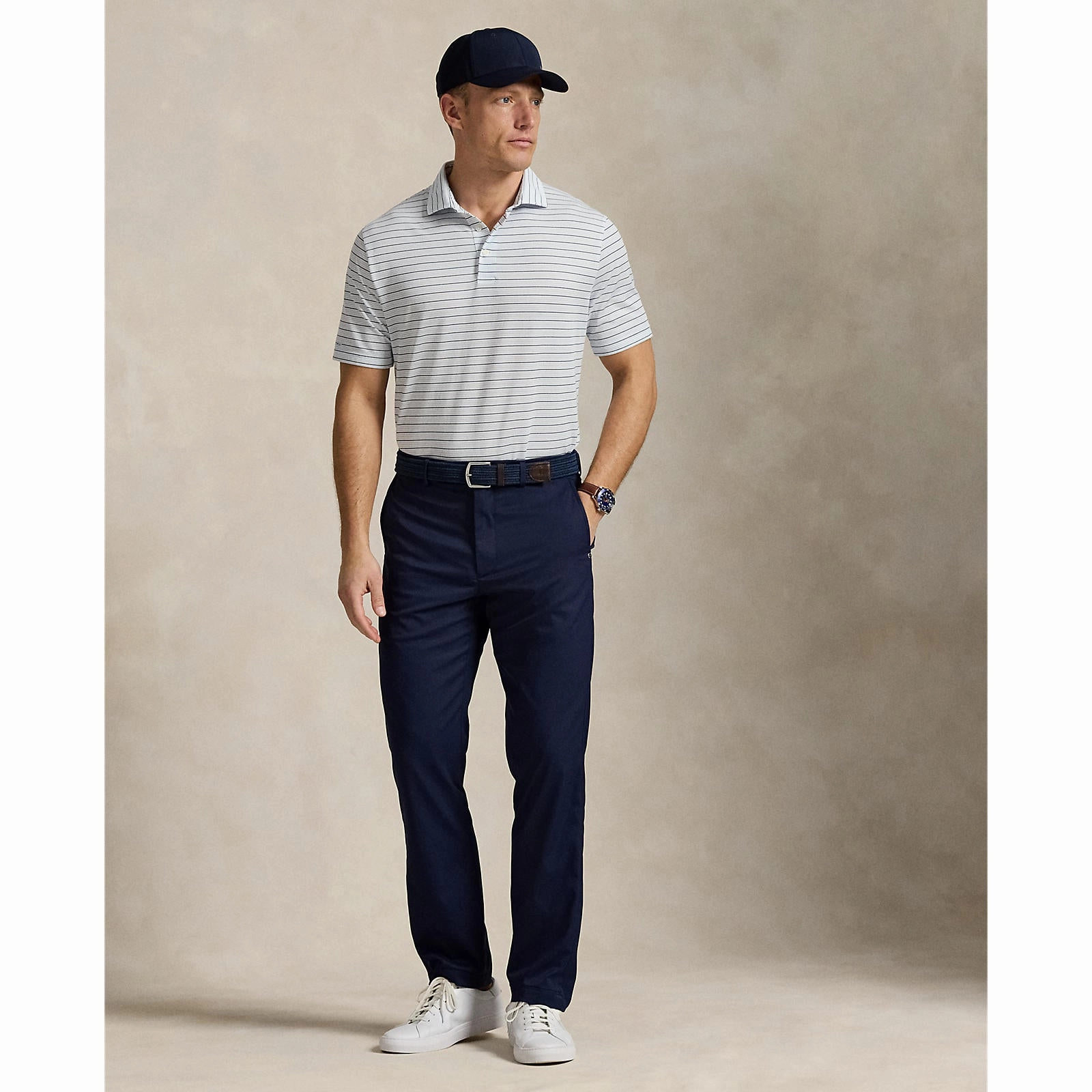 RLX Ralph Lauren Stripe Tour Pique Golf Polo Shirt - Office Blue Multi Comfort Fit