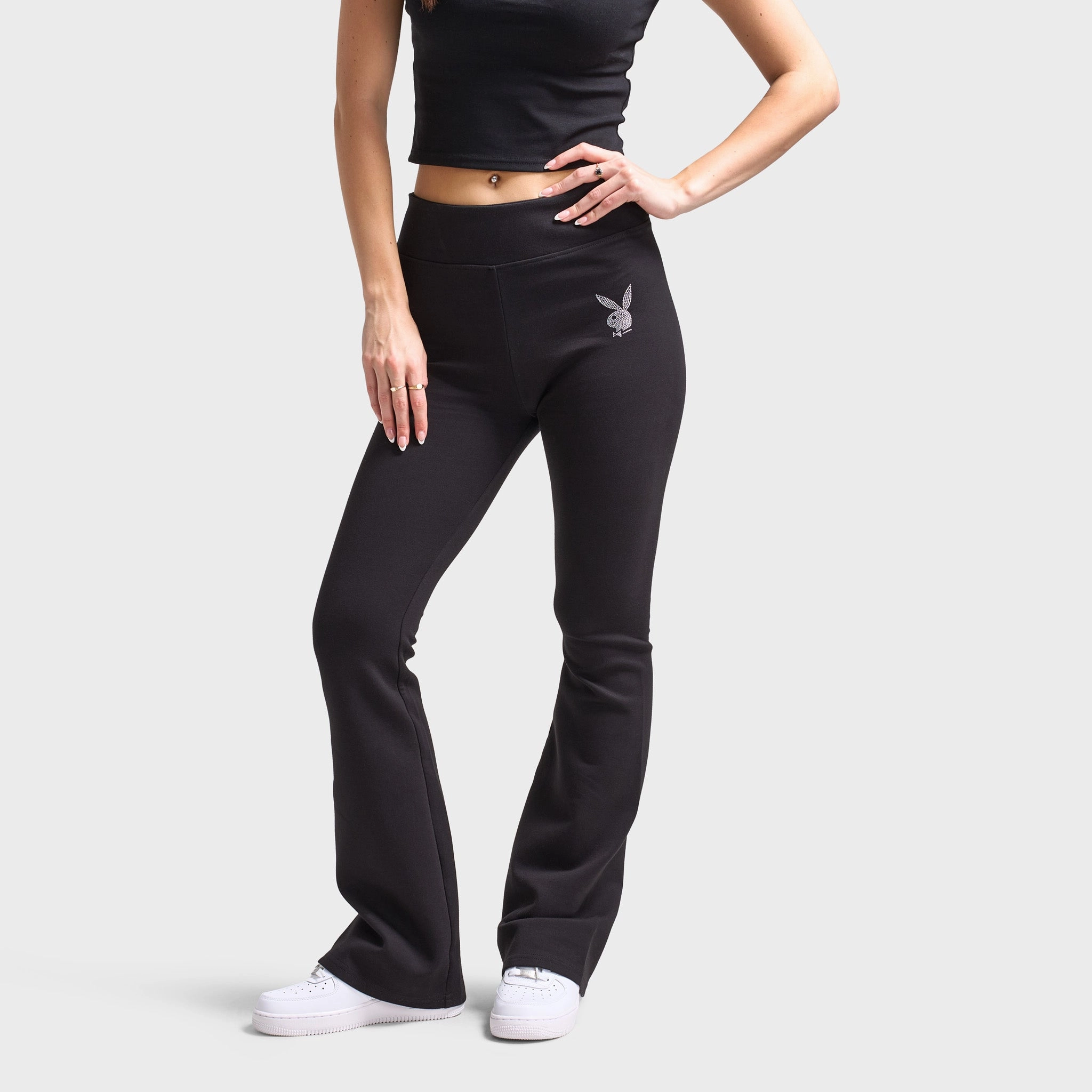 Breathable Mesh Panels Four Way Stretch Fabric Playboy Bunny Flare Pants / Black