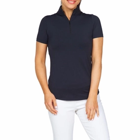 IBKUL Women's Short Sleeve Zip Mock Neck Polo - Black Beach Ready Trendy Colors