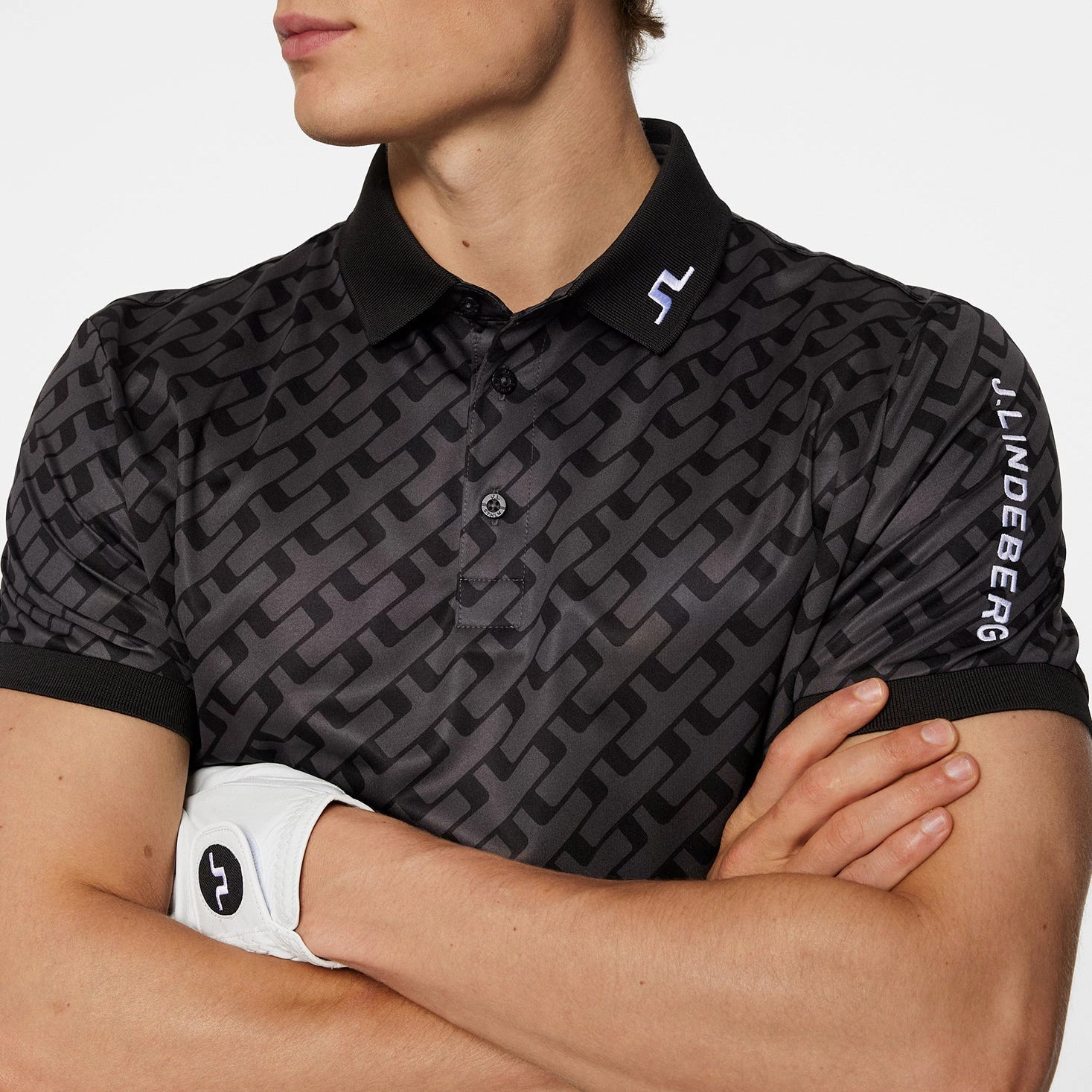 J.Lindeberg Tour Tech Regular Fit Print Golf Polo Shirt - Tour Geo Tonal Black Soft Collar Construction