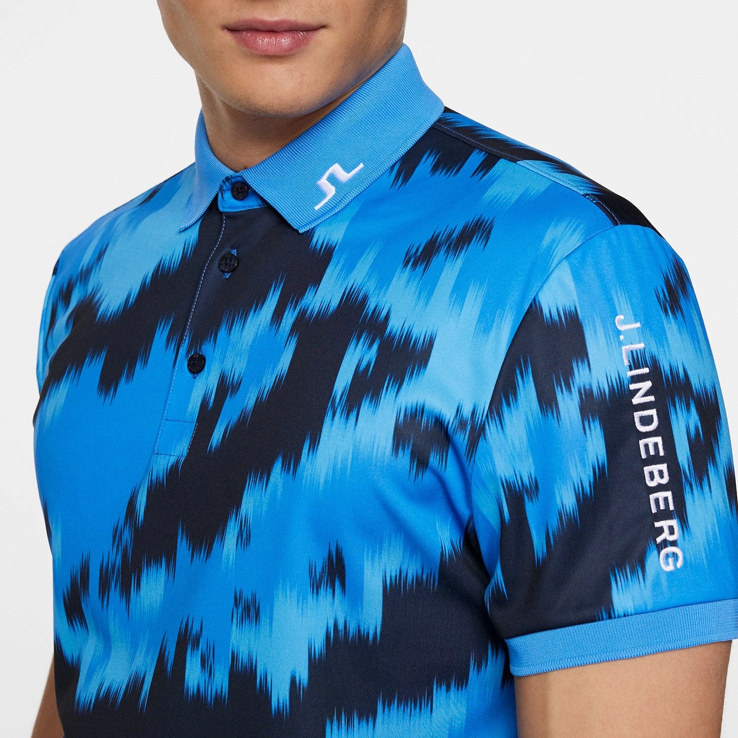 J.Lindeberg Tour Tech Regular Fit Print Golf Polo Shirt - Warp Sonic Blue Reinforced Shoulders Team Uniform