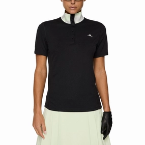J.Lindeberg Women's Piper Golf Polo Shirt - Black WrinkleResistant Finish Youthful Appeal