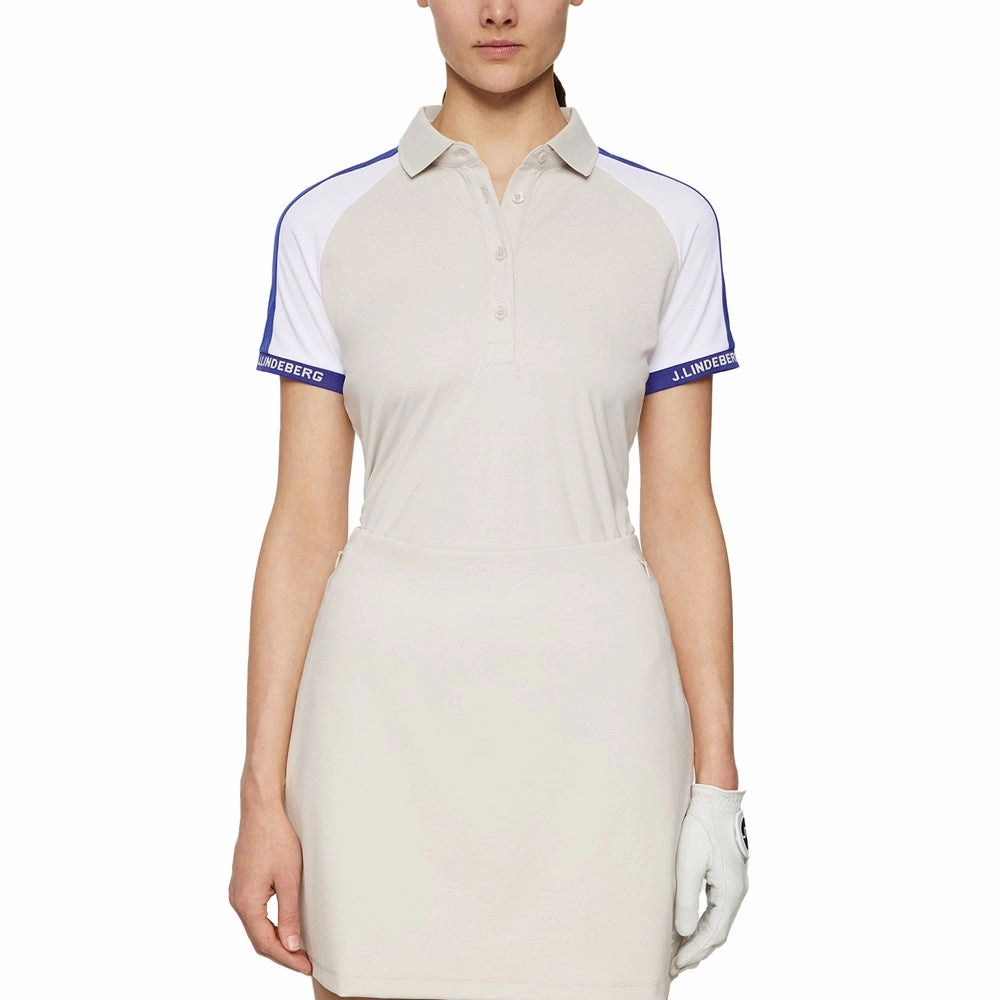 J.Lindeberg Women's Priya Golf Polo Shirt - Moonbeam Four Button Placket MoistureManagement System