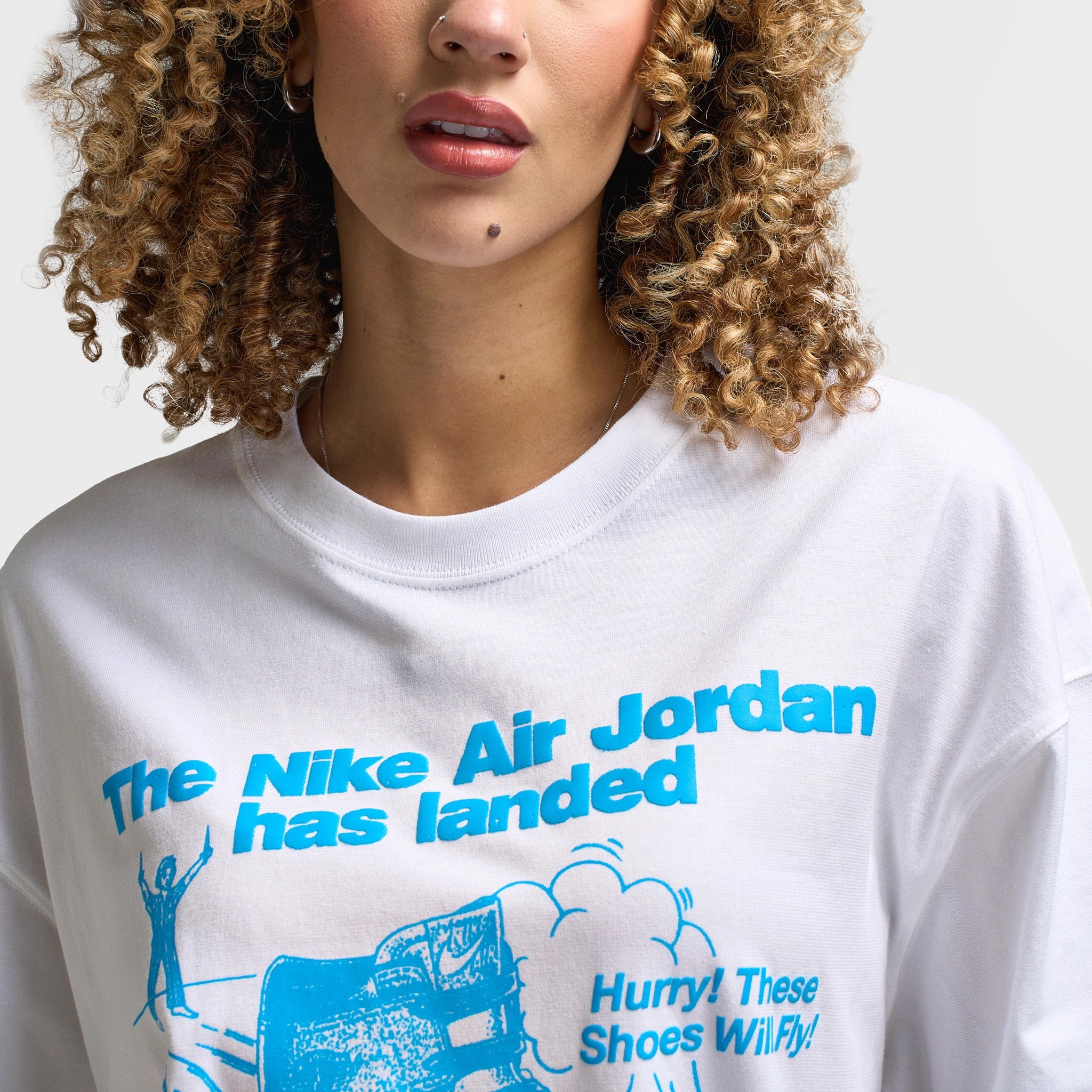MoistureControlFibers Lint Resistant Surface Jordan Women's Oversized Sneaker Graphic T-Shirt / White
