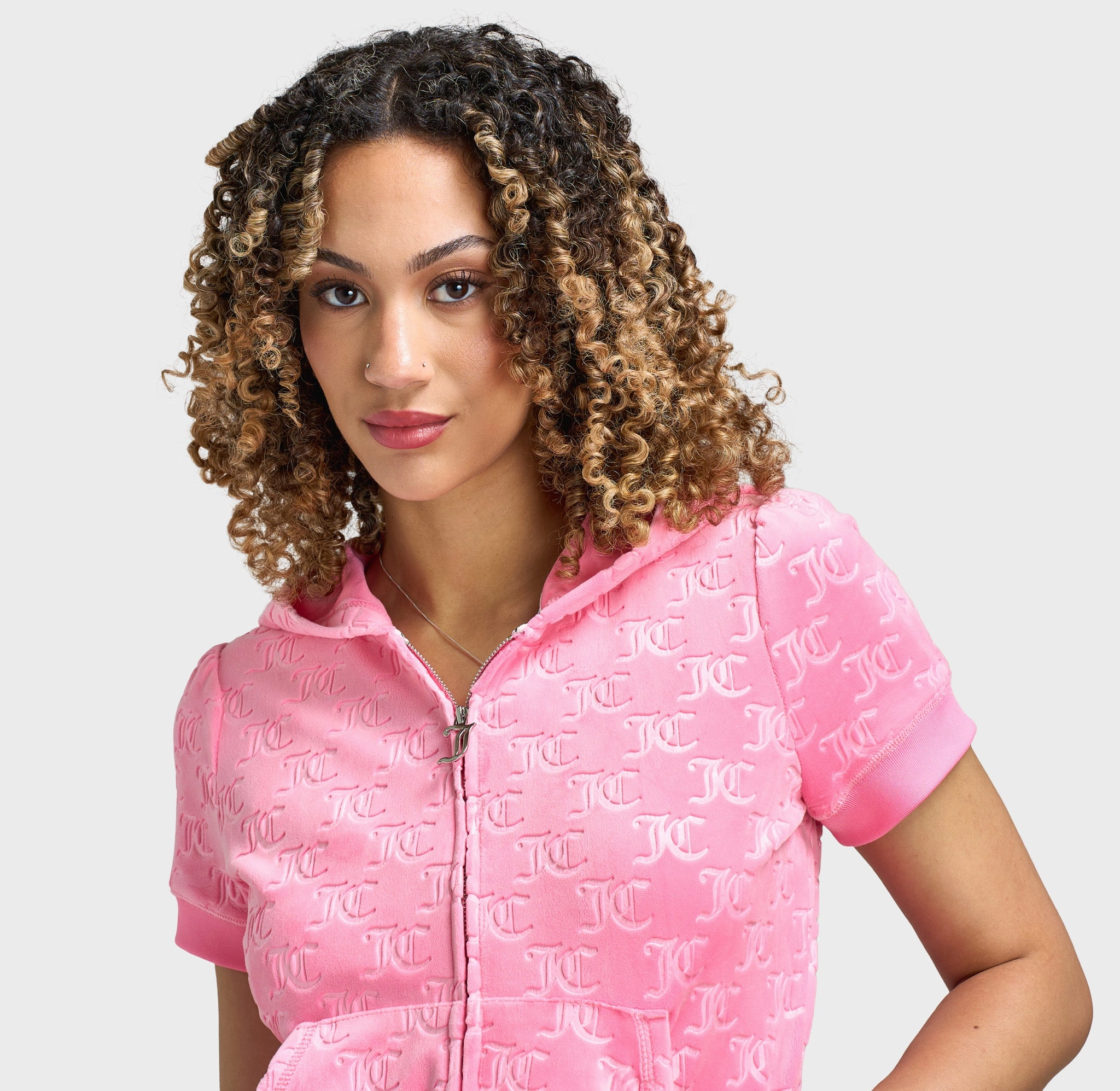 Noise Reduction Design Juicy Couture Women's Embossed Full Zip Velour Hoodie / Hot Hot Pink