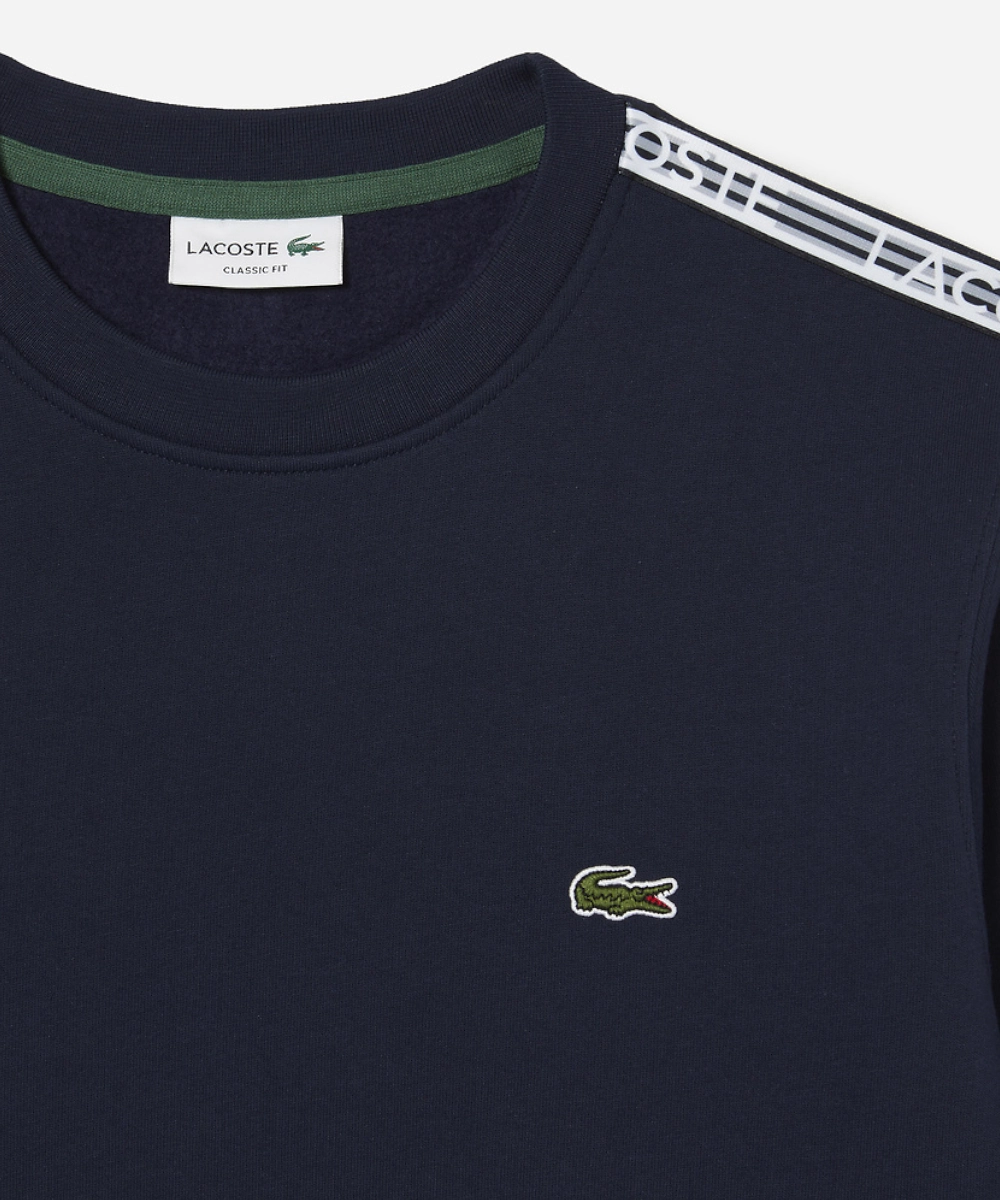 Lacoste Logo Tape Fleece Crew Neck Sweater (Navy Blue) Quiet Charm pack light