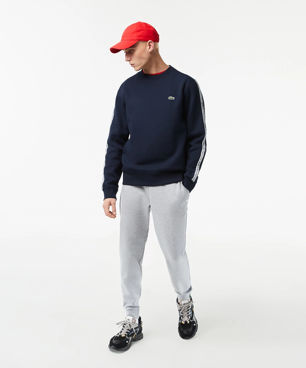 Low Care QuickDrying Fiber Lacoste Logo Tape Fleece Crew Neck Sweater (Navy Blue)