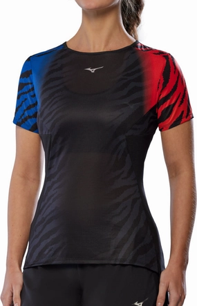 Mizuno DryAeroFlow Graphic Short Sleeve Womens Running Top - Black Urban Trend SunProtectionFabric