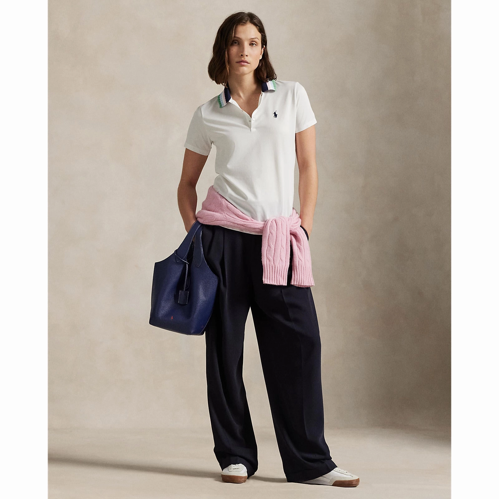 Moisture control AntiPilling Technology RLX Ralph Lauren Women's Tour Pique Knit-Collar Polo Golf Shirt - Ceramic White/Refined Navy Multi