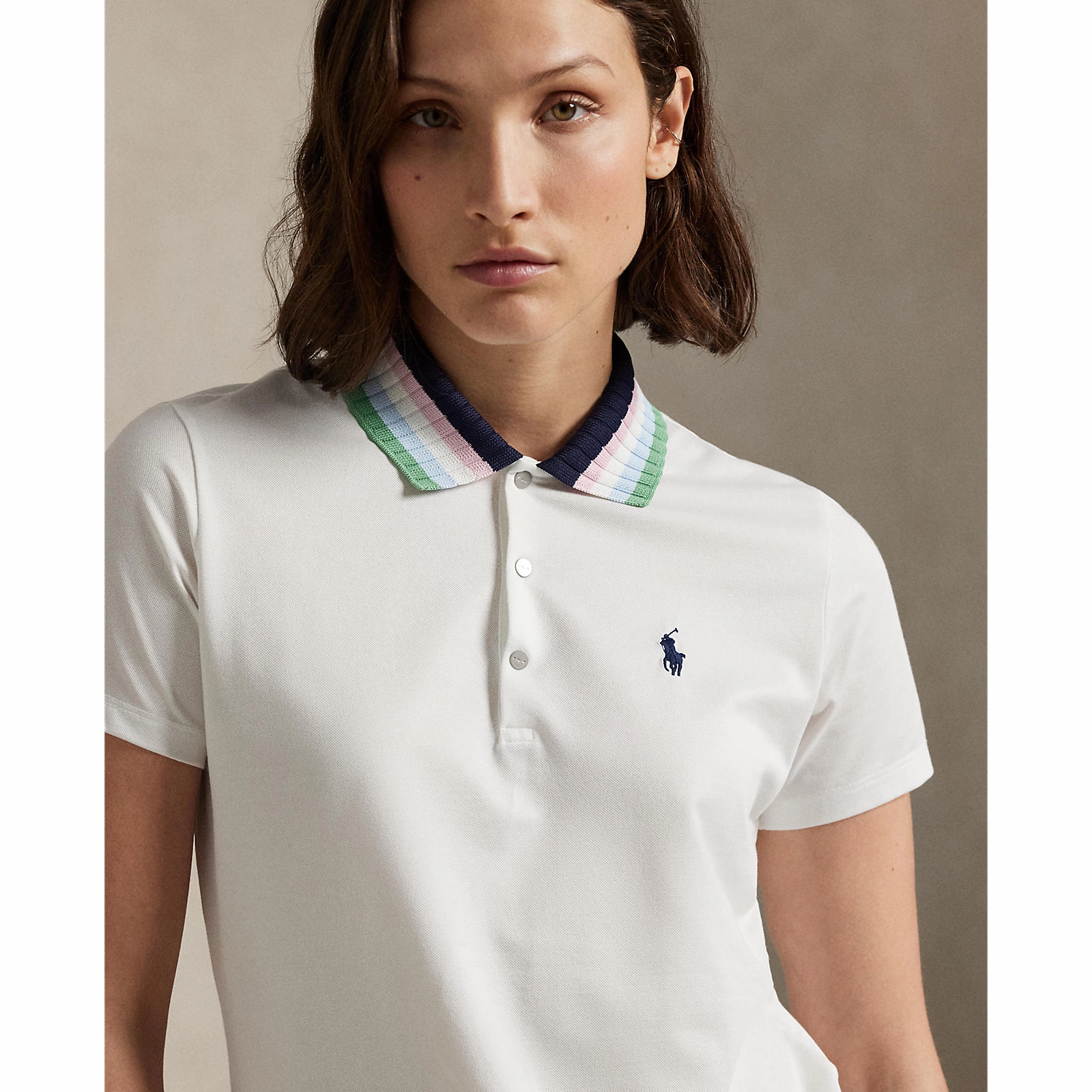Relaxed Style Performance Polo RLX Ralph Lauren Women's Tour Pique Knit-Collar Polo Golf Shirt - Ceramic White/Refined Navy Multi