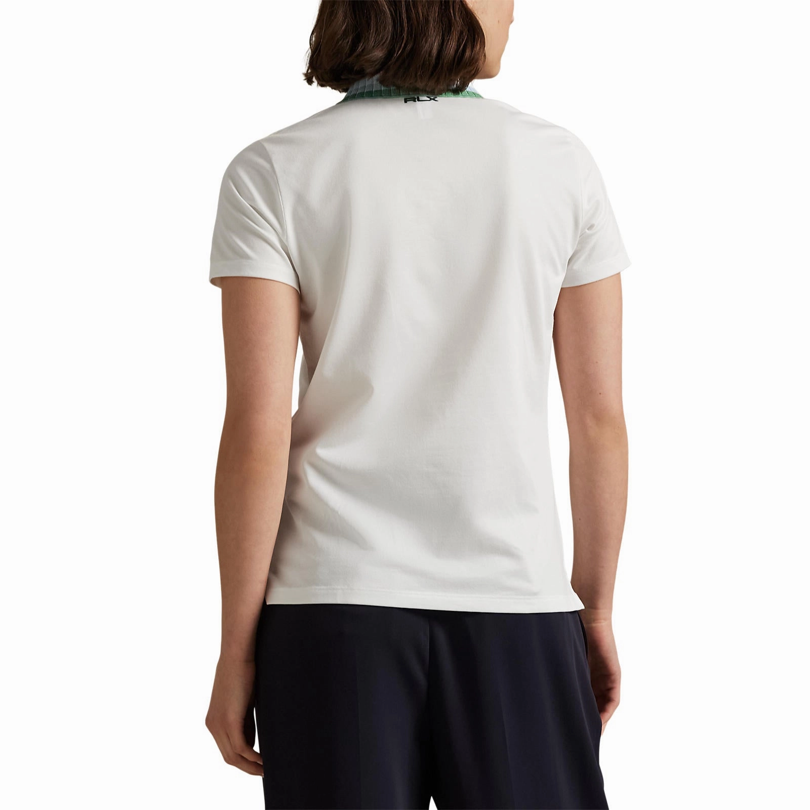 NonChafing Seam Placement Thermoregulating Fabric RLX Ralph Lauren Women's Tour Pique Knit-Collar Polo Golf Shirt - Ceramic White/Refined Navy Multi