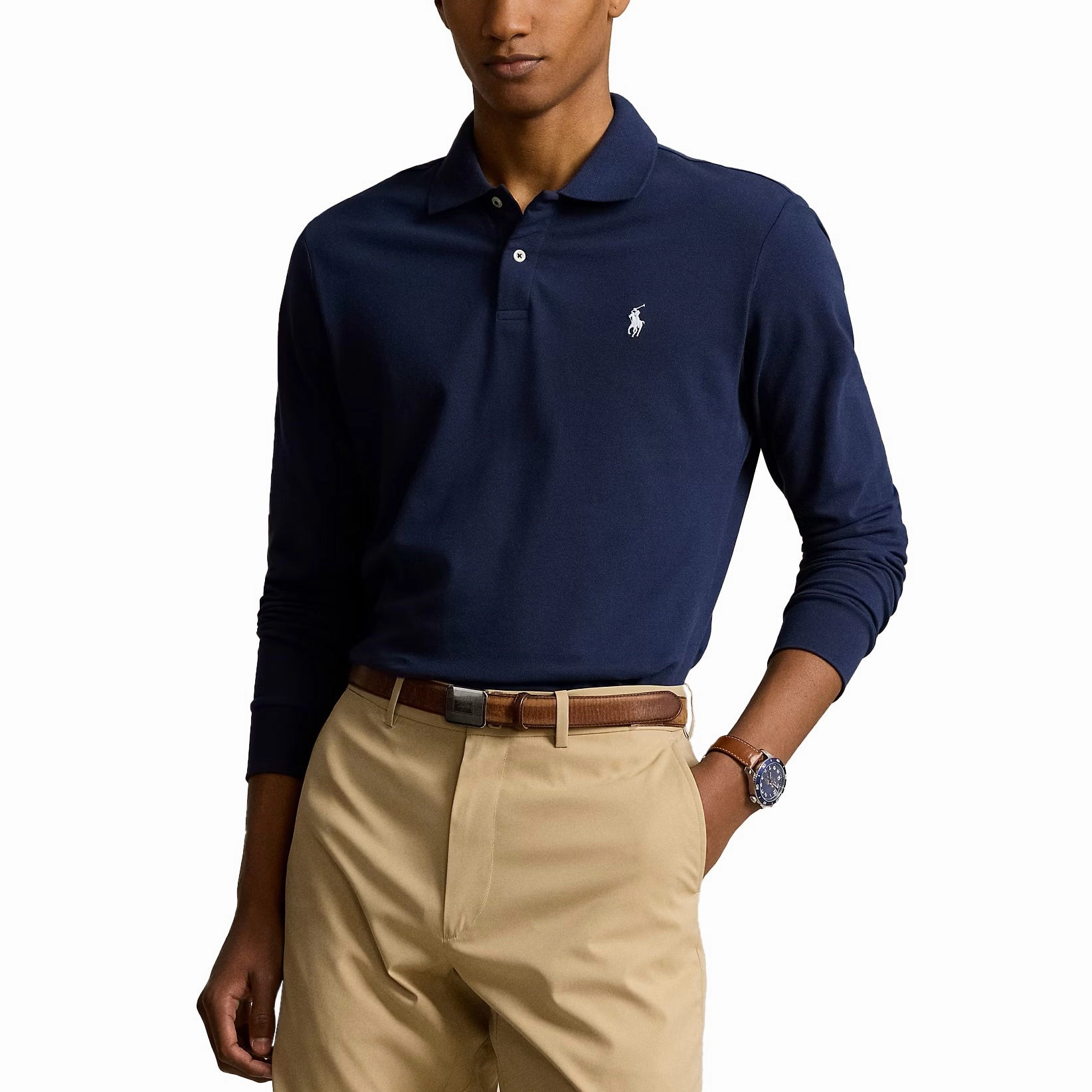 Ribbed Cuff Design Polo Performance Ralph Lauren Performance Long Sleeve Polo Shirt - French Navy
