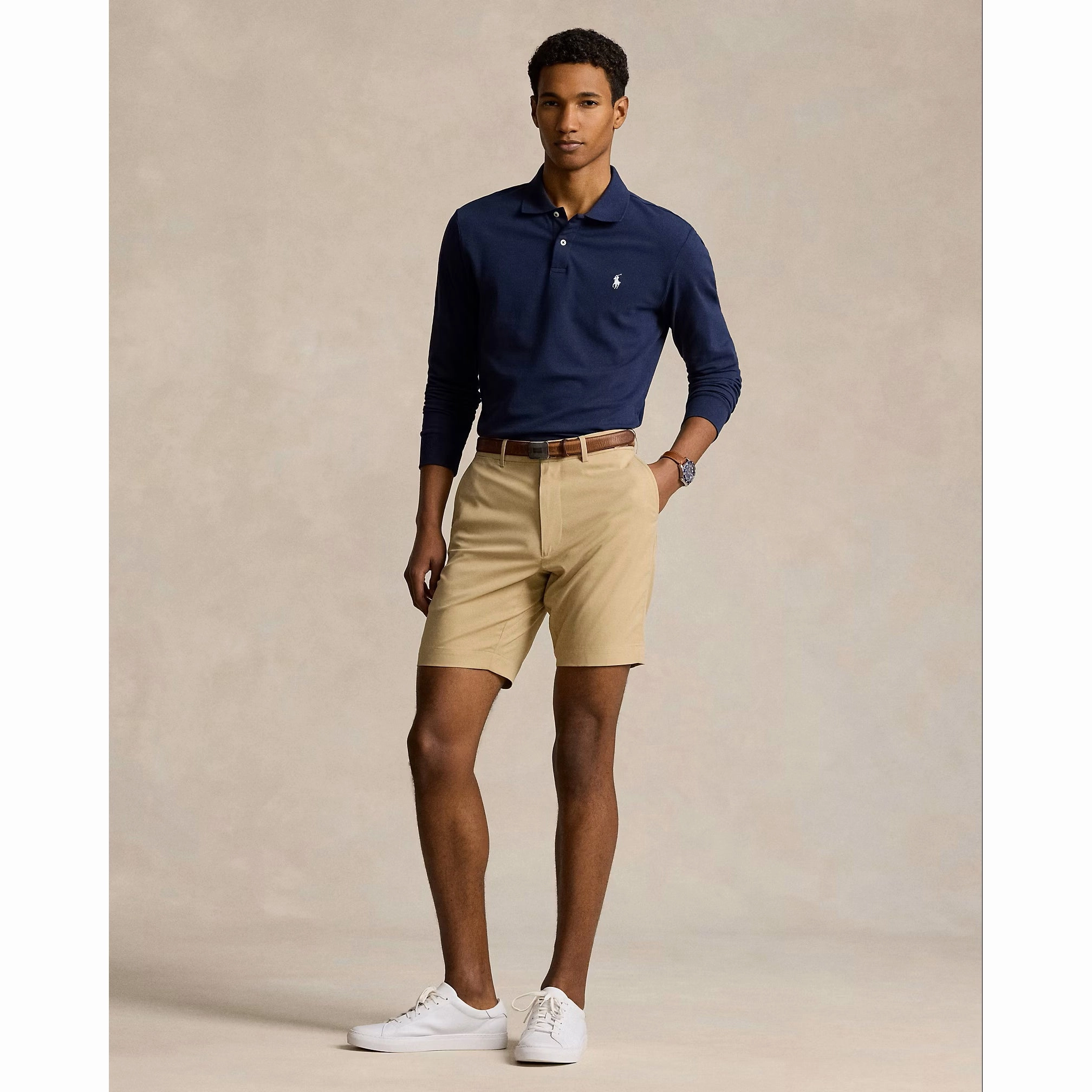 Comfortable Stretch Four Button Placket Polo Performance Ralph Lauren Performance Long Sleeve Polo Shirt - French Navy