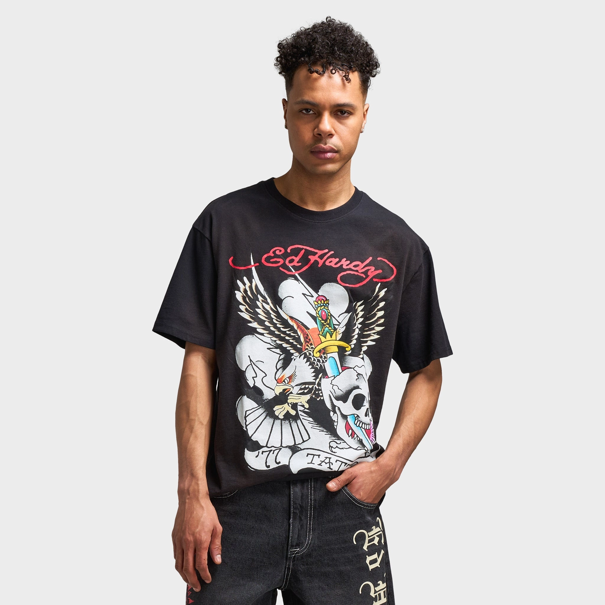 Ed Hardy Vintage '77 Eagle Graphic T-Shirt / Black jungle scene Body Mapping Design