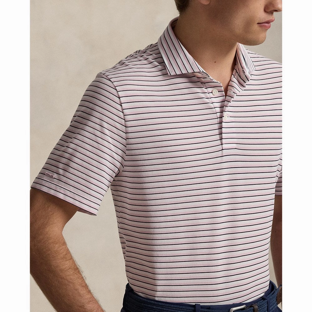 Breathable Weave Lightweight Comfort RLX Ralph Lauren Stripe Tour Pique Golf Polo Shirt - Garden Pink Multi