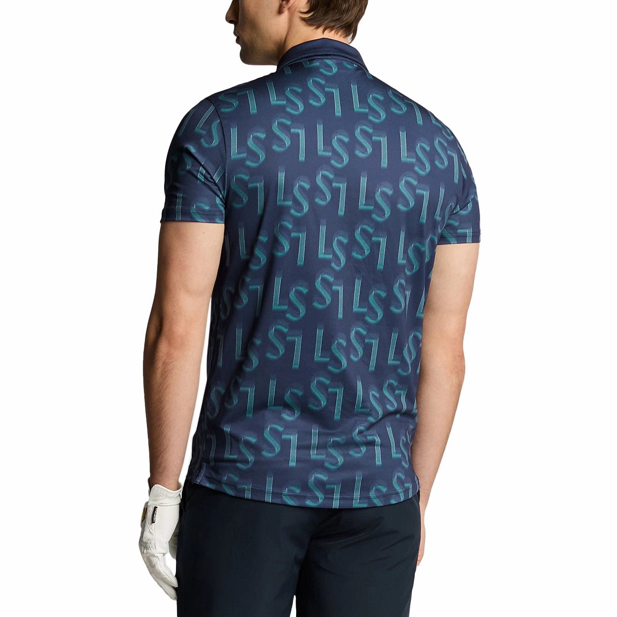Lyle & Scott LS Monogram Printed Golf Polo Shirt - Ryder Blue Performance Polo Athletic Fit