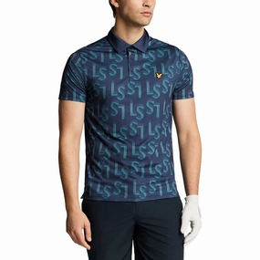 Lyle & Scott LS Monogram Printed Golf Polo Shirt - Ryder Blue Subtle ToneOnTone Stitching