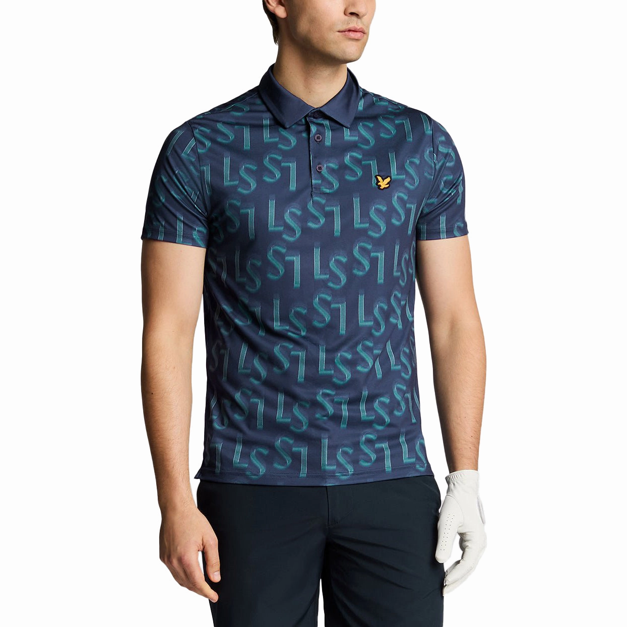 Lyle & Scott LS Monogram Printed Golf Polo Shirt - Ryder Blue Subtle ToneOnTone Stitching