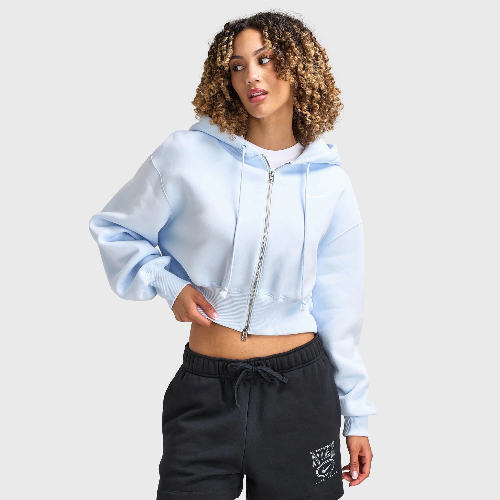 Snow Block Nike Sportswear Women's Phoenix Fleece Loose Crop Full Zip Hoodie Blue Tint / Sail