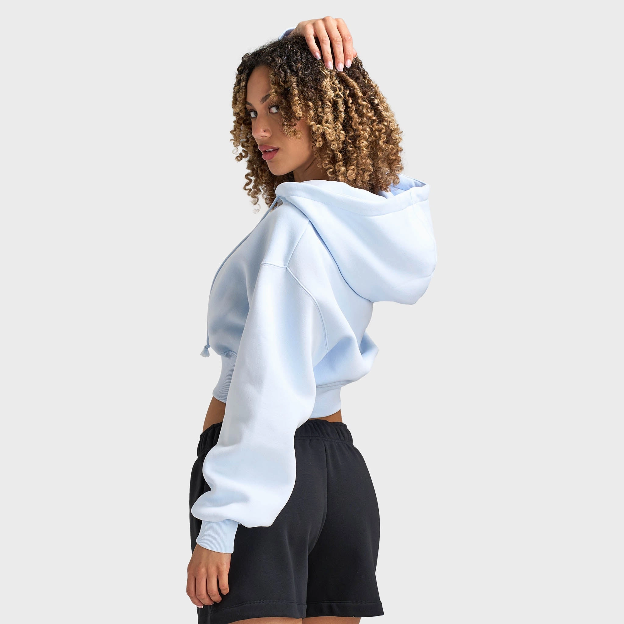 Nike Sportswear Women's Phoenix Fleece Loose Crop Full Zip Hoodie Blue Tint / Sail FlexibleCuffSystem Moisture Wicking Finish