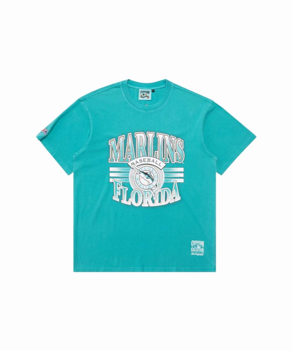 Placket Closure Majestic Miami Marlins Glow Stripe Tee (Faded Teal)