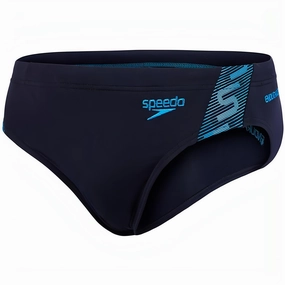 Speedo Monogram 7cm Mens Swim Brief - Navy Built In Shelf Bra High Density Stitching Pattern