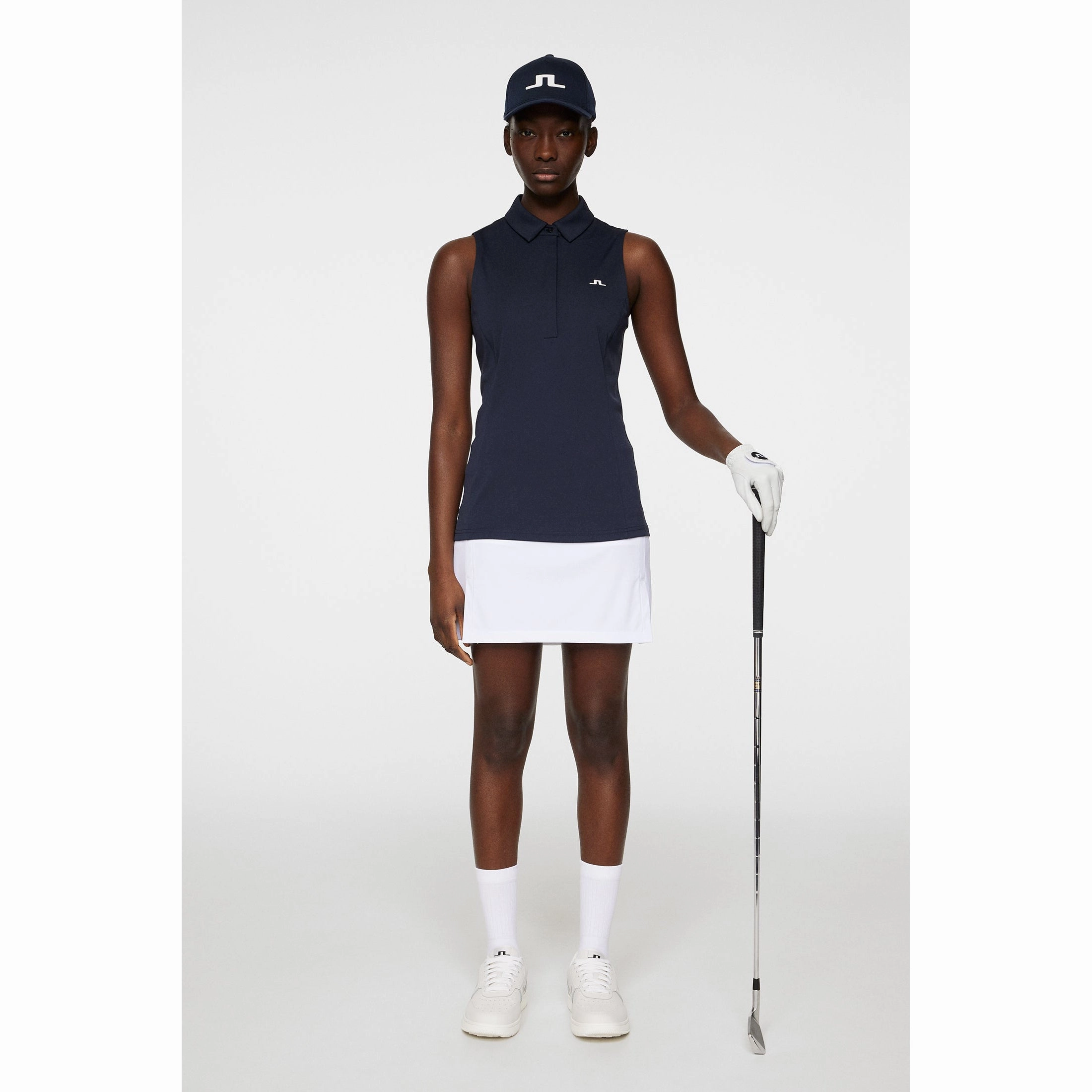 Mesh Lined Back J.Lindeberg Women's Dena Sleeveless Golf Polo Shirt - JL Navy