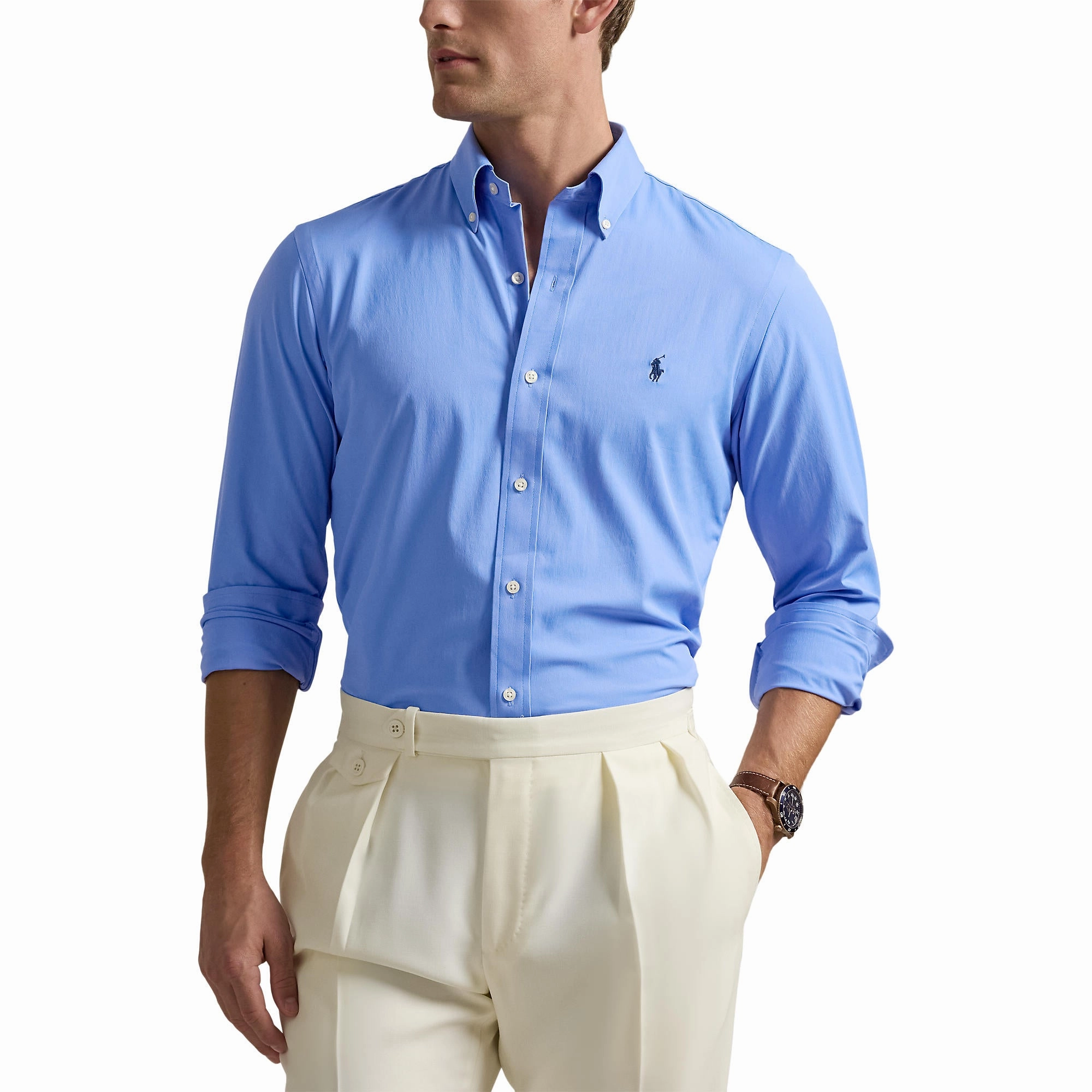 Unstructured Silhouette EasyCare Woven Fabric Polo Performance Ralph Lauren Classic Fit Performance Twill Shirt - Harbor Island Blue