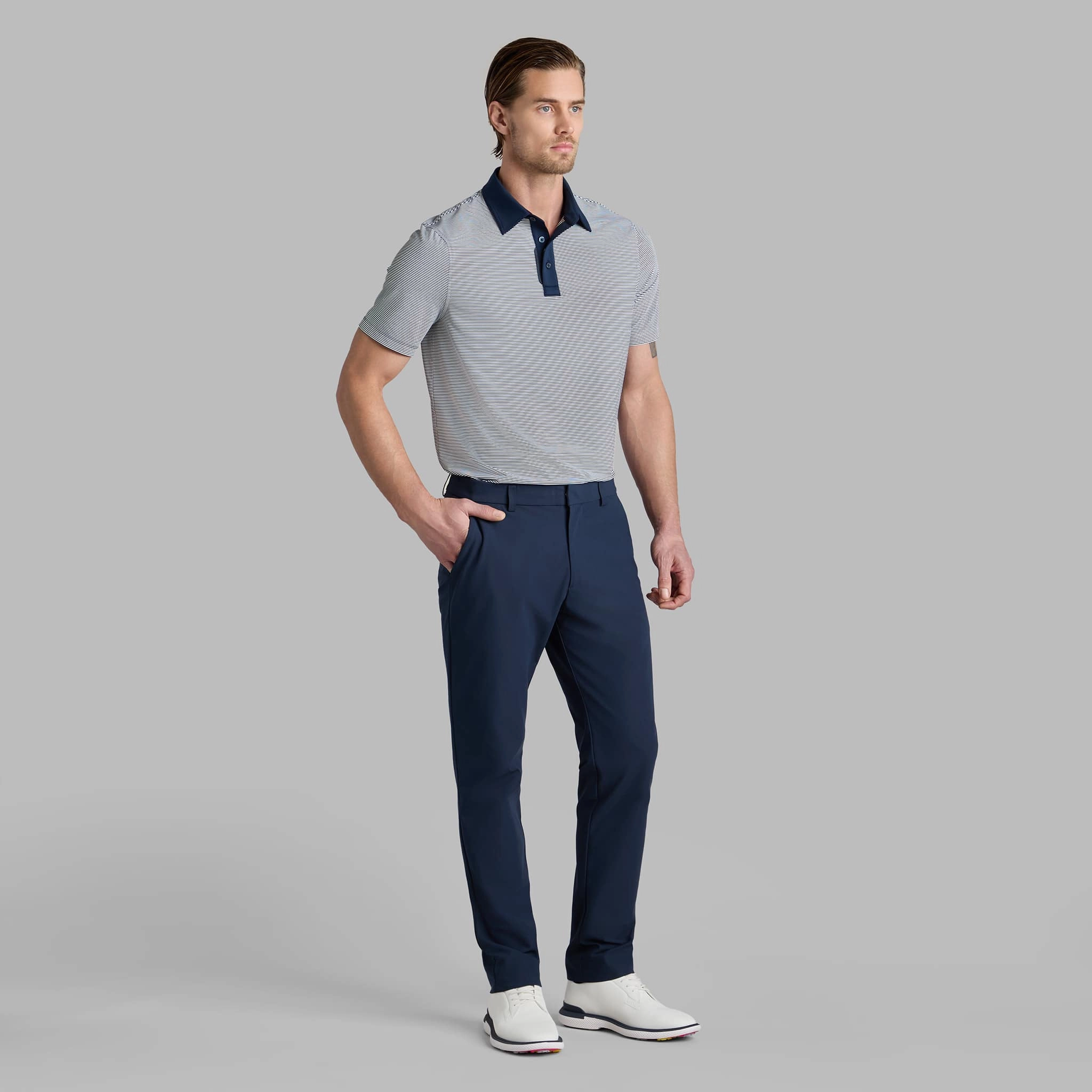 G/Fore Feeder Stripe Fine Tech Jersey Golf Polo Shirt - Twilight NonChafing Seam Placement Tagless Collar