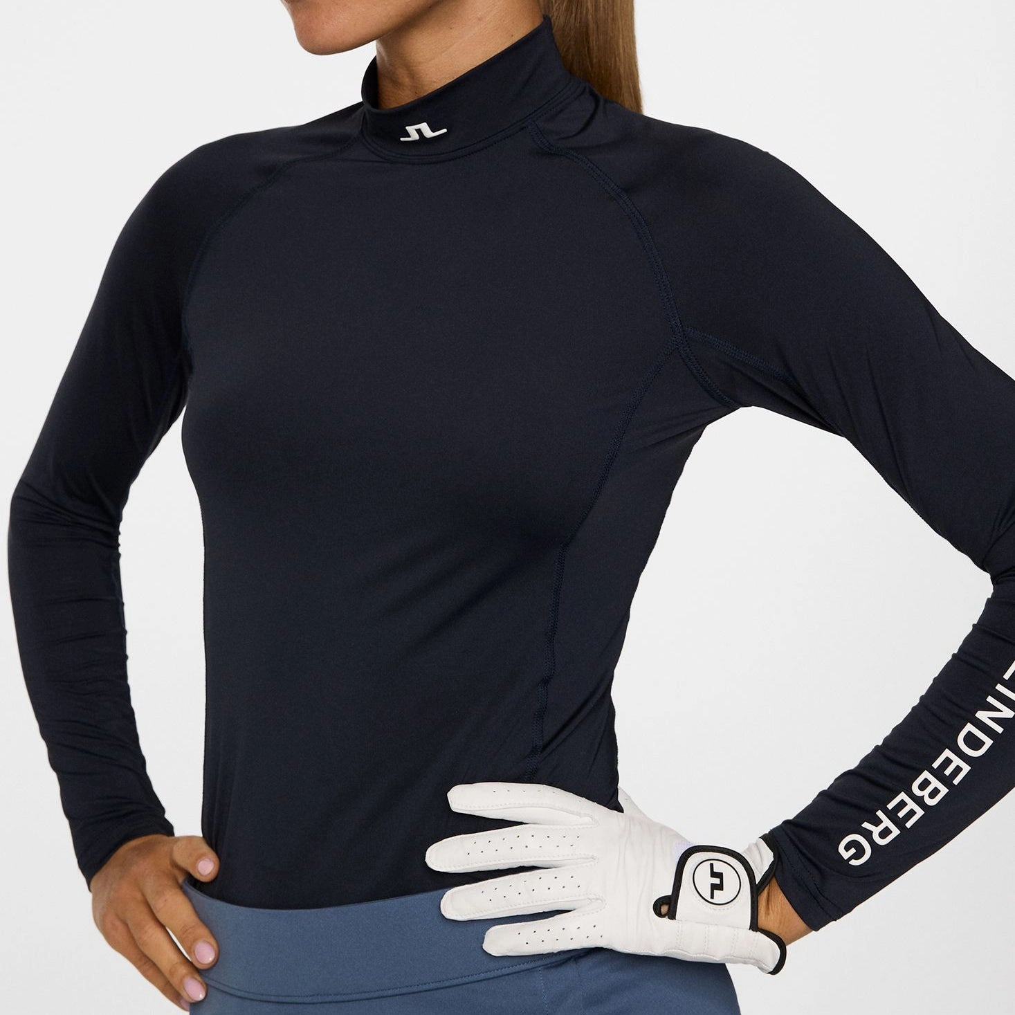 J.Lindeberg Women's Ella Compression Golf Shirt - JL Navy GarmentWashed Texture Tapered Armhole Design