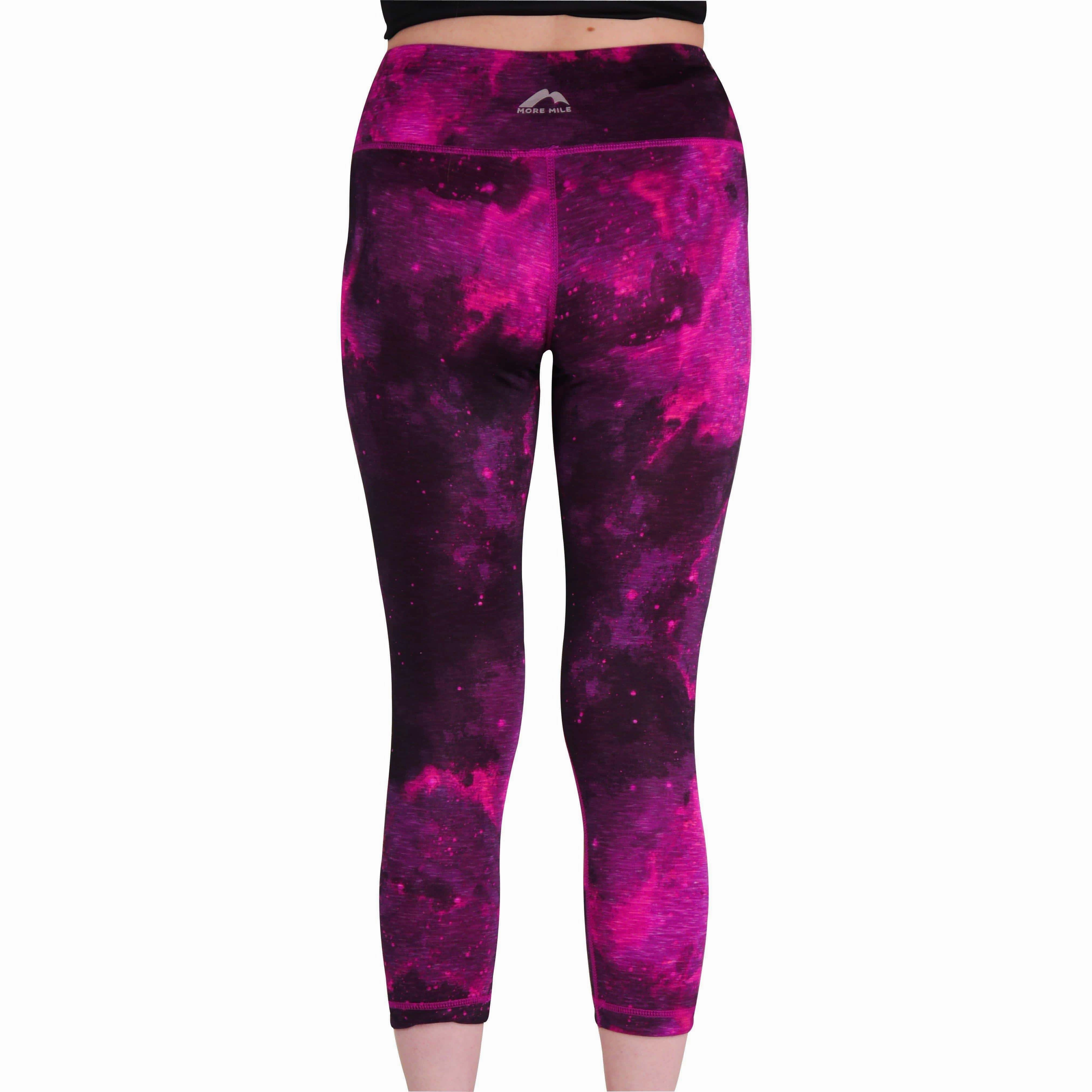 Breathable-fabric-quality-characteristic More Mile Reversible Graphic Womens 3/4 Capri Running Tights - Pink
