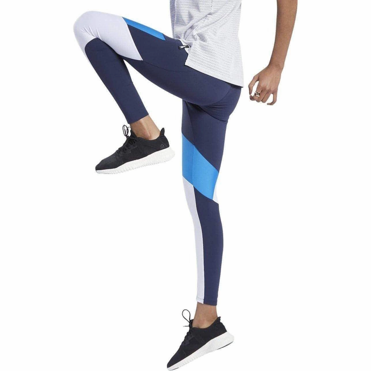 Reebok Lux 2.0 Mid Rise Womens Long Training Tights - Blue Icon Glow Placket Closure