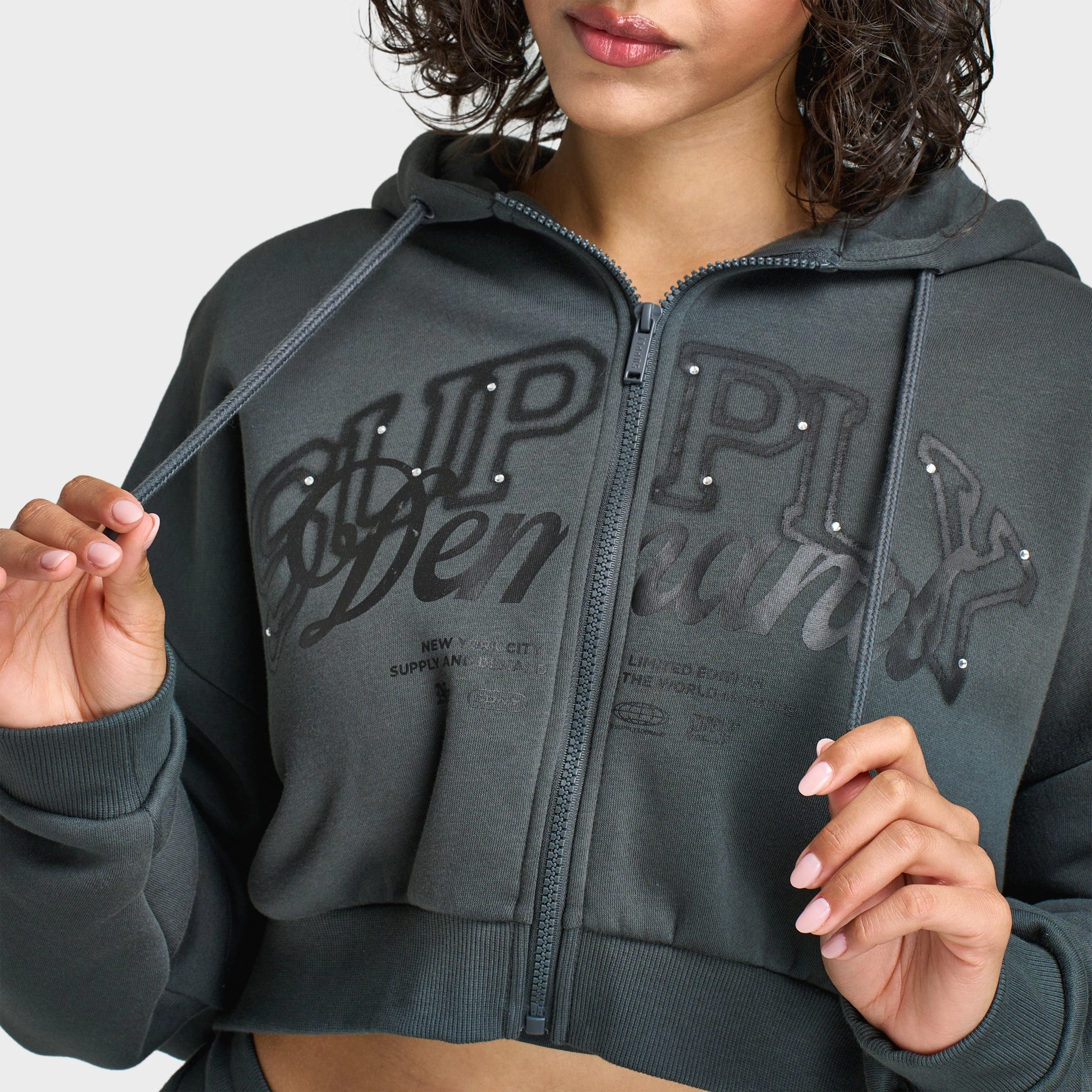 Supply & Demand Women's Spray Boxy Hoodie / Dark Grey With Diamantes All Occasion